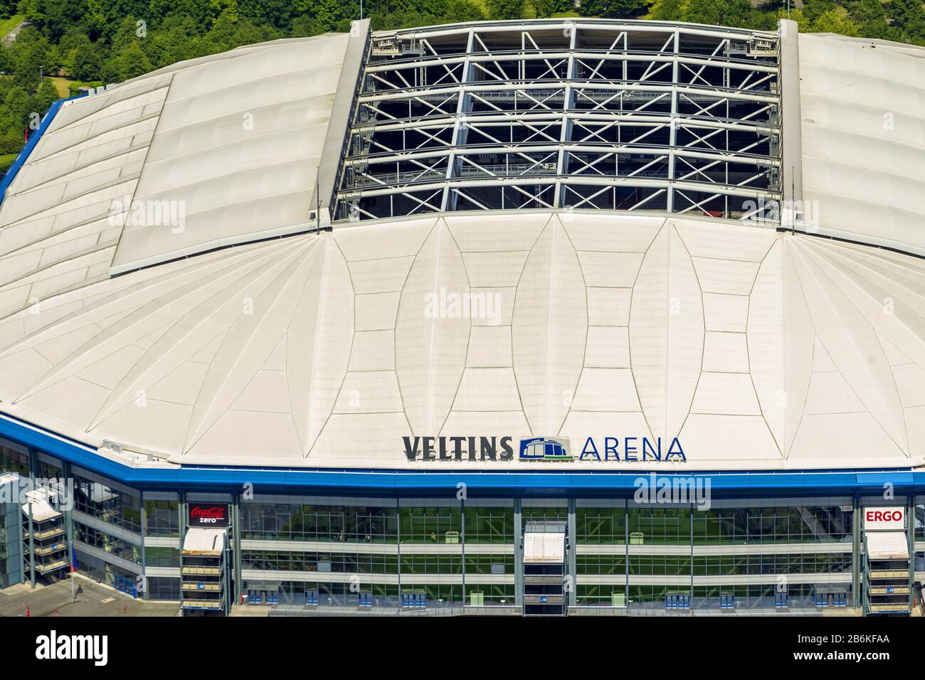 Veltins-Arena, originariamente Arena AufSchalke, stadio di calcio per Schalke 04, vista aerea, Germania, Renania Settentrionale-Vestfalia, Ruhr Area, Gelsenkirchen Foto Stock