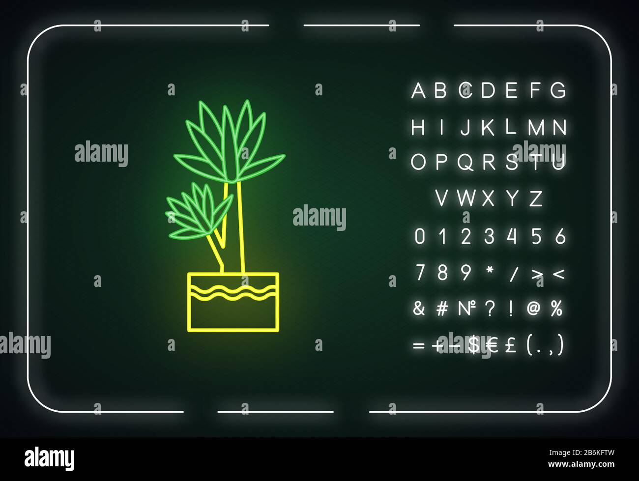 Icona della luce al neon Yucca. Piccola e esotica palma interna. Albero messicano. Houseplant con foglie appuntite. Effetto incandescente esterno. Firma con alfabeto, numeri e. Illustrazione Vettoriale