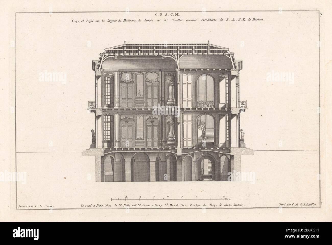 Sezione trasversale del maniero (titolo della serie) 13me Livre N Plan () d'une Maison de Campagne (titolo della serie) Sezione trasversale di una casa con tre verdiepingen. Produttore : printmaker Carl Albert von Lesbilliez (Proprietà quotata) Designed by François de Cuvilliés (Sr.) ( Iscritto sull'oggetto) venditore: François de Cuvilliés (Sr.) (edificio elencato) venditore: Poilly (Proprietà quotata) fornitore di privilegio: Imperial Court (Proprietà quotata) Luogo fabbricazione: Disegno dal venditore tedesco: Parigi Data: 1745 caratteristiche Fisiche : Engra materiale: Carta Tecnica: Engra (processo di stampa) Misure: Bordo lastra: H 2 Foto Stock