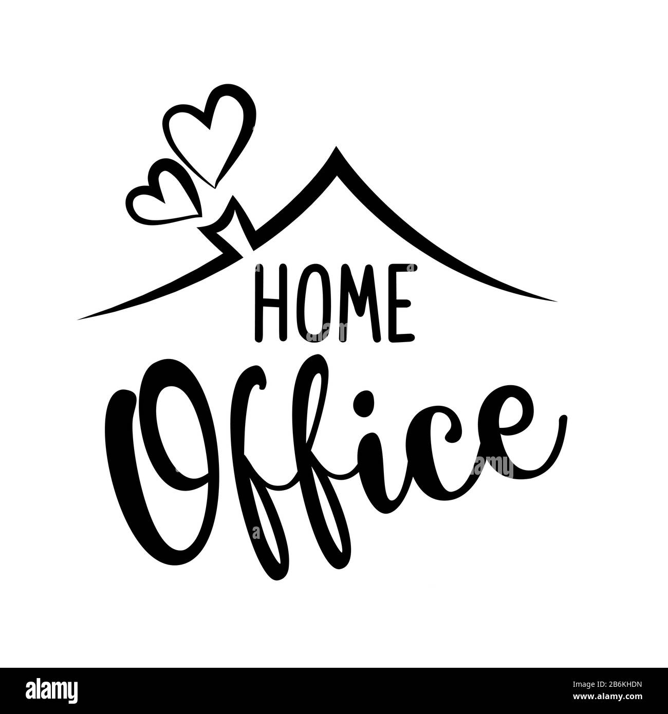 Logo Home Office - Typography logo aziendale. Stampa scritta a mano. Immagine vettoriale vintage con cuori, tetto e camino. Illustrazione Vettoriale