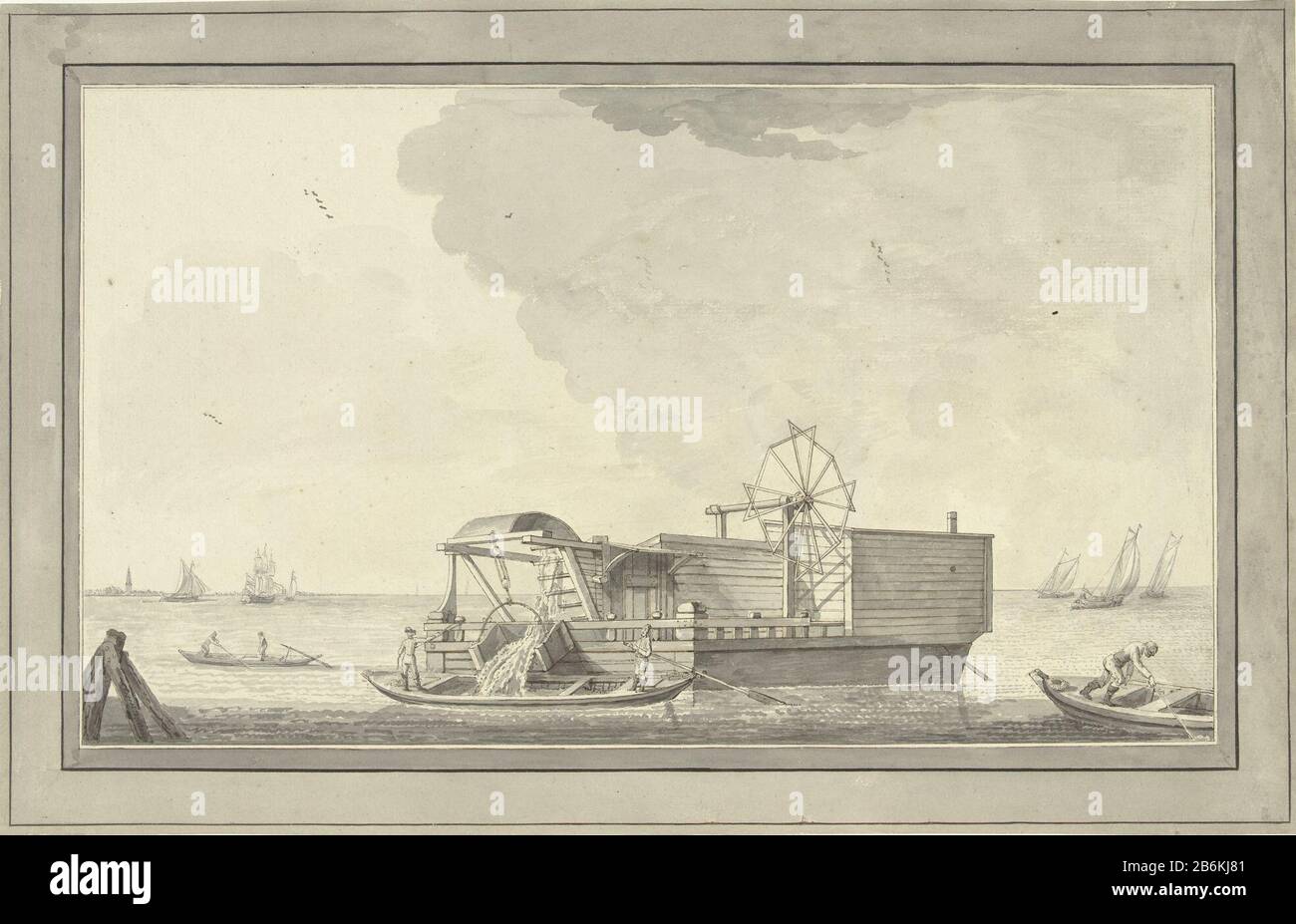 Un dredger UN oggetto dredger tipo: Disegno numero Oggetto: RP-T-1921-444 Produttore : disegnatore: Anonimo Data: 1700 - 1800 caratteristiche Fisiche: Matita, penna in marrone e grigio, pennello in grigio materiale: Carta inchiostro matita Tecnica: Dimensioni penna / pennello : h 302 mm × W 471 mm Oggetto: draghe, draghe (processo industriale) Foto Stock