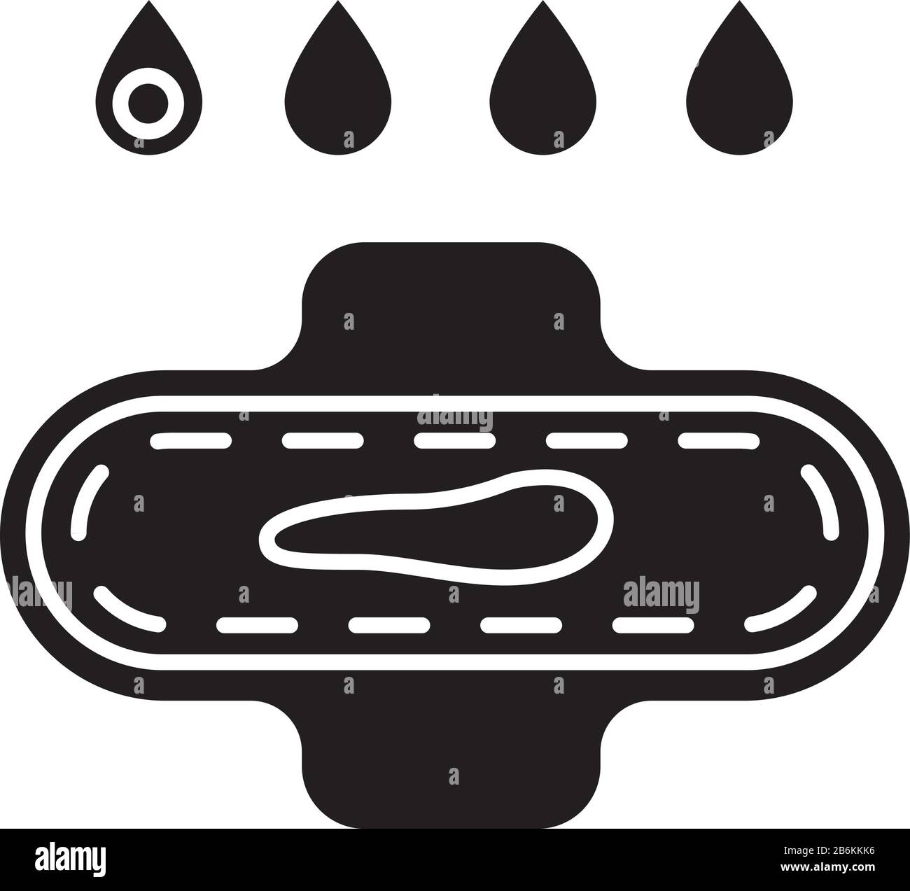 Icona glifo nero leggermente sanguinante. Sintomo iniziale della gravidanza. Ciclo mestruale. Gocce di sangue. Periodo pad per donna. Igiene e igiene. Silhouette Illustrazione Vettoriale