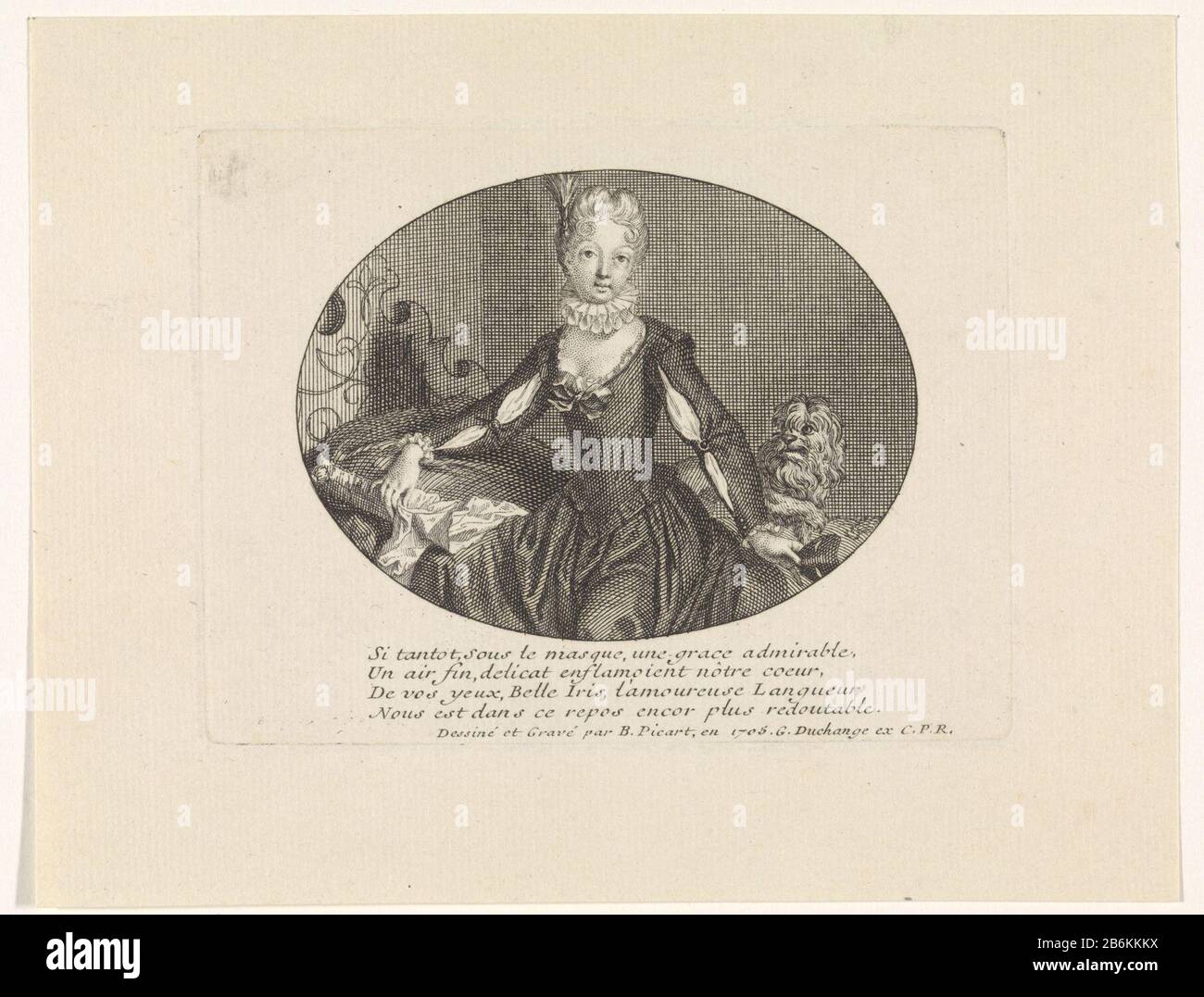 Una giovane donna con lap dog una giovane donna seduta sul suo letto. Nella sua mano tiene una maschera. È unita da un cane del giro che si leva in piedi dietro lei. In margine un poema di quattro righe in Frans. Produttore : stampatore: Bernard Picart (proprietà elencata) per disegnare: Bernard Picart (edificio elencato) editore: Gaspard Duchange (proprietà elencata) fornitore di privilegio: Louis XIV (re di Francia) (mostrato sull'oggetto) Luogo produzione: Parigi Data: 1705 caratteristiche Fisiche: Acquaforte e engra materiale: Tecnica della carta: Acquaforte / engra (processo di stampa) Misure: Bordo della lastra: H 81 mm × L 106 mm Oggetto: Cou Foto Stock