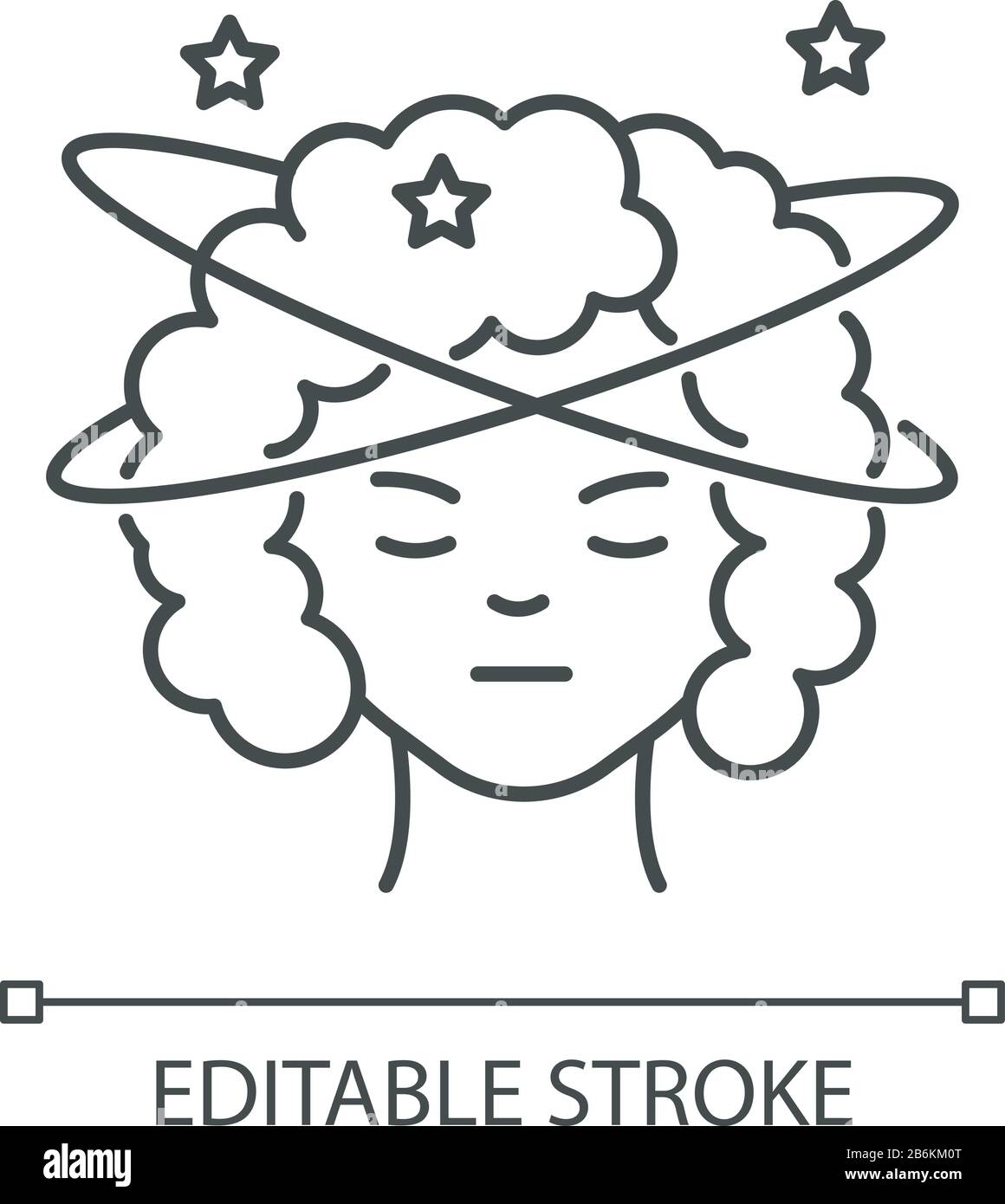 Icona lineare perfetta per pixel di capogiro. Corsa in testa. Signora troppo lavorata. Esperienza vertigini. Illustrazione personalizzabile a linee sottili. Simbolo del contorno. Vettore Illustrazione Vettoriale