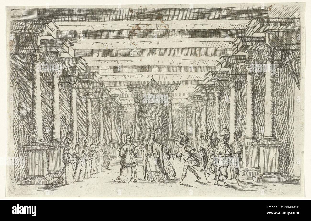 Un soldato una regina che saluta disegni per scenografie (titolo della serie) un comandante con piuma nel suo cappello e cinque soldati nel suo entourage saluto una principessa nel suo palazzo. Ha lasciato un gruppo di hofdames. Produttore : stampatore Jan Osse Beeck a disegno: Lodovico Ottavio Burnacini (possibile) Luogo di produzione: Vienna Data: 1663 - 1674 caratteristiche Fisiche: Materiale di incisione: Tecnica della carta: Incisione dimensioni: Foglio: H 145 mm × W 235 mm Oggetto: Teatro, performanceset teatrale, scenografia scenografica  Foto Stock