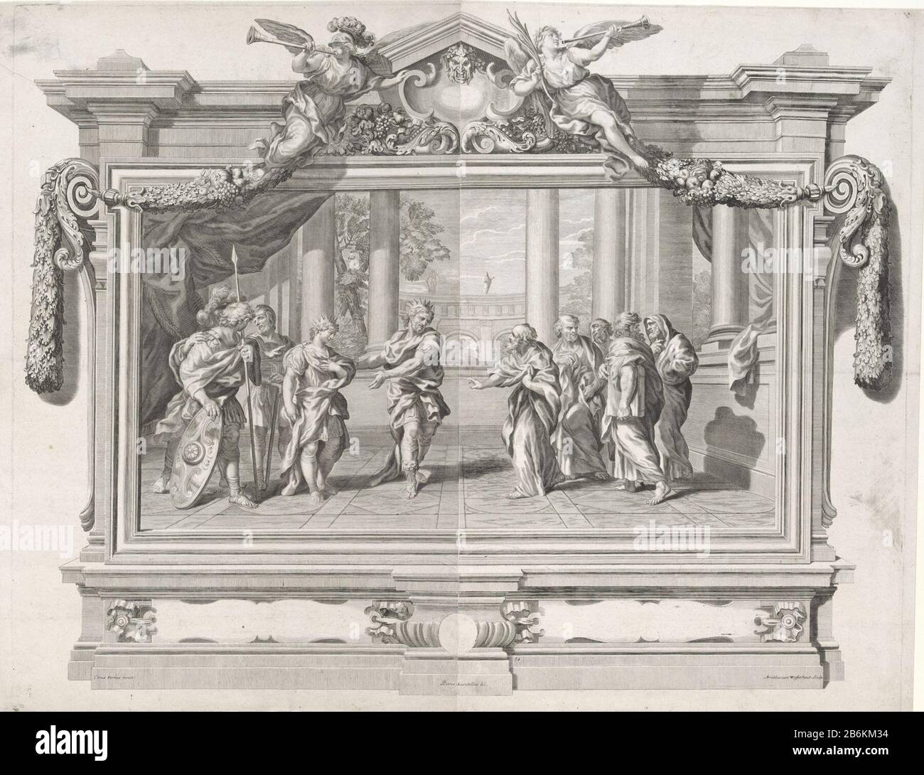 Un re presenta la sua Compagnia figlio sotto il portico di un palazzo. Il re presenta al figlio cinque uomini più anziani. Tre soldati a guardare. La rappresentazione è contenuta in una cornice architettonica, coronata da un timpano, fiancheggiata da saggezza e Pace. Giù due cartoces vuoti. Produttore : stampatore: Arnold Westerhout (proprietà in elenco) Designed by: Ciro Ferri (proprietà in elenco) to drawing: Pietro Locatelli (proprietà in elenco) Fabbricazione Del Luogo: Italia Data: 1665 - 1725 Caratteristiche Fisiche: Acquaforte e engra materiale: Carta Tecnica: Acquaforte / engra (processo di stampa) Misure: Bordo della lastra Foto Stock