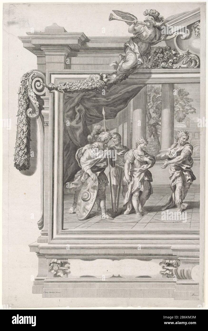 Un re presenta suo figlio, la Compagnia di sinistra sotto il portico di un palazzo. Il re indicò suo figlio. Tre soldati a guardare. Lo spettacolo si svolge in una cornice architettonica, sormontata da un timpano. La saggezza soffia la tromba. Giù un cartouche vuoto. Produttore : stampatore: Arnold Westerhoutstraat alla progettazione: Ciro Ferri (proprietà in elenco) al disegno: Pietro Locatelli (proprietà in elenco) Luogo fabbricazione: Italia Data: 1665 - 1725 caratteristiche Fisiche: Acquaforte e engra materiale: Carta Tecnica: Acquaforte / engra (processo di stampa) Misure: Bordo della lastra: H 693 mm × W 445 mm Oggetto: Saggezza; "Assenza" "punto di accesso" Foto Stock