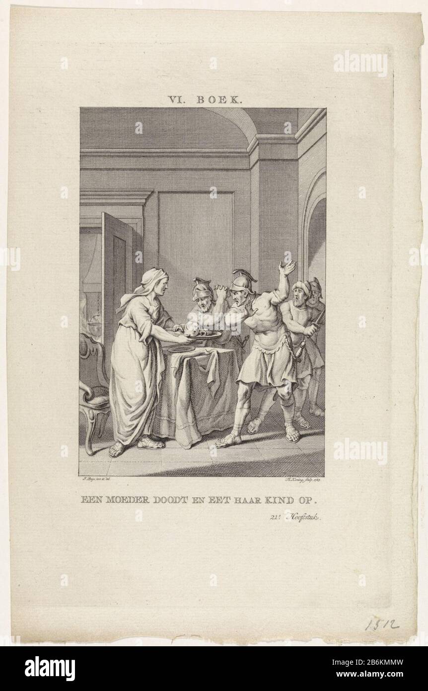Una madre offre il suo bambino morto come un pasto uccisione di una madre e del suo bambino da mangiare (oggetto del titolo) In una partenza offre quattro soldati femmina bordo, mostrando la testa e le mani del suo bambino, e pasti. Una parte del bambino che ha già mangiato. Questa foto è un'illustrazione del ventunesimo capitolo del sesto libro di 'le opere Raccolte di Flavio ​​Josephus'. Produttore : printmaker: King Theodore (listed property) Designed by: Jacobus Compra (listed property) Luogo fabbricazione: Amsterdam Data: 1785 Caratteristiche Fisiche: Materiale per auto: Tecnica della carta: Engra (processo di stampa) Foto Stock