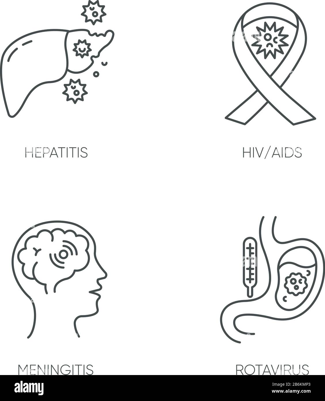 Malattie pericolose pixel Perfect linear icone set. Simboli di contorno personalizzabili per HIV, AIDS, meningite, rotavirus ed epatite. Isolato Illustrazione Vettoriale