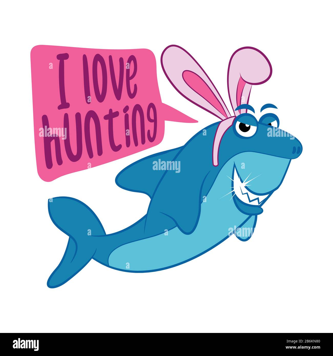 Amo la caccia - squalo Affamato con orecchie di coniglio di pasqua. T-shirt, felpa con cappuccio, Canotta, regali. Testo Per Il Giorno Di Pasqua. Scheda di citazione ispiratrice, invito. Divertente Illustrazione Vettoriale
