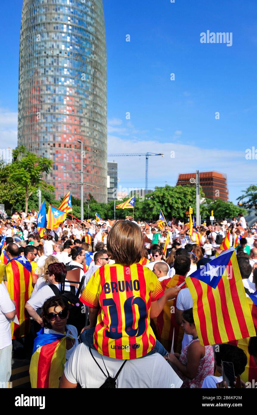 Barcellona, SPAGNA - 11 SETTEMBRE: Almeno 1,4 milioni di persone prendono parte a un rally a sostegno dell'indipendenza della Catalogna l'11 settembre 2015 Foto Stock