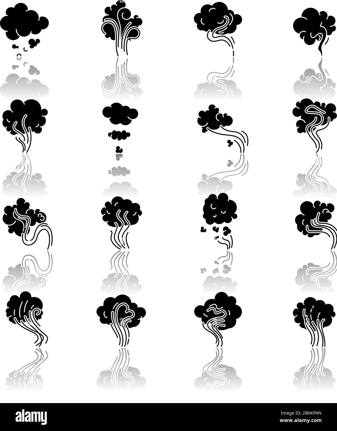 Set di icone glyph nero ombra goccia odore. Emissione ed evaporazione. Odore da hookah. Aroma di cannabis. Corrente di sigaretta. Macchie e nebbia. Isolato Illustrazione Vettoriale