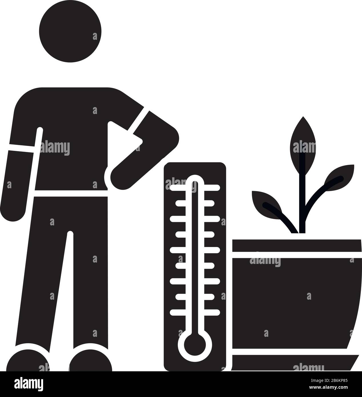 Icona glifo nero dell'intervallo di temperatura di semina. Fornire le condizioni di temperatura di aria adeguate per piante. Processo di piantatura. Giardinaggio interno. Silhouette Illustrazione Vettoriale