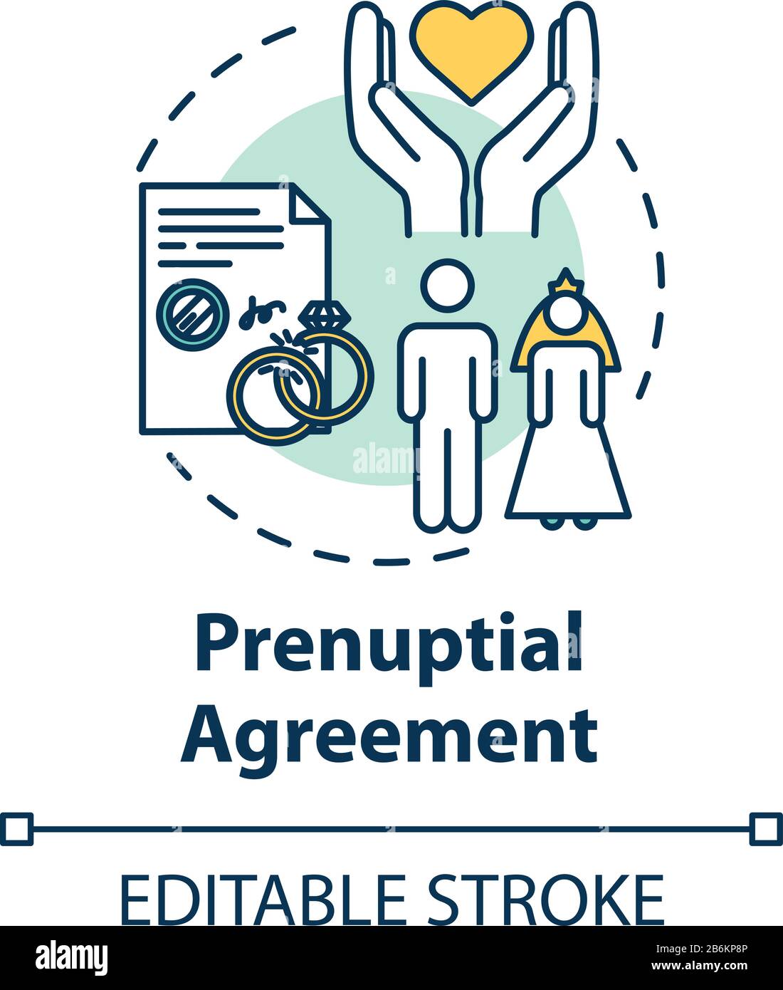 Icona del concetto di accordo prenuptial. Impegno dei partner. Contratto per coppia sposata. Illustrazione della linea sottile dell'idea di servizio del notaio. Vettore isolato Illustrazione Vettoriale