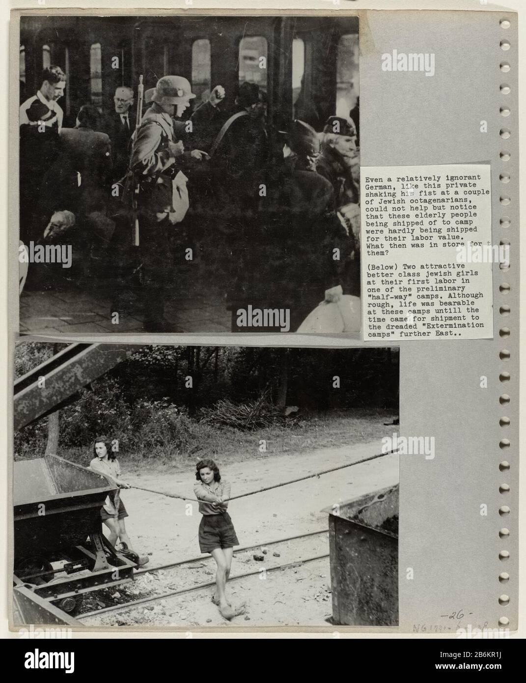 Le prime incursioni su ebrei e collage foto libro The Hidden Cameras (titolo della serie) Due immagini dell'Olocausto: Gli ebrei addestrano da un soldato tedesco inviato, presumibilmente verso Westerbork (foto sopra, vedere NG-1991-6-8). Due ragazze ebraiche che lavorano in un campo (foto qui sotto) . Produttore : Fotografo: Olanda Archivio Luogo Fabbricazione: Amsterdam Data: 1942 - 1944 Materiale: Plastica Cartacea Tecnica: Fotografia Oggetto: Secondo Mondo Quando: 1939 - 1945 Foto Stock