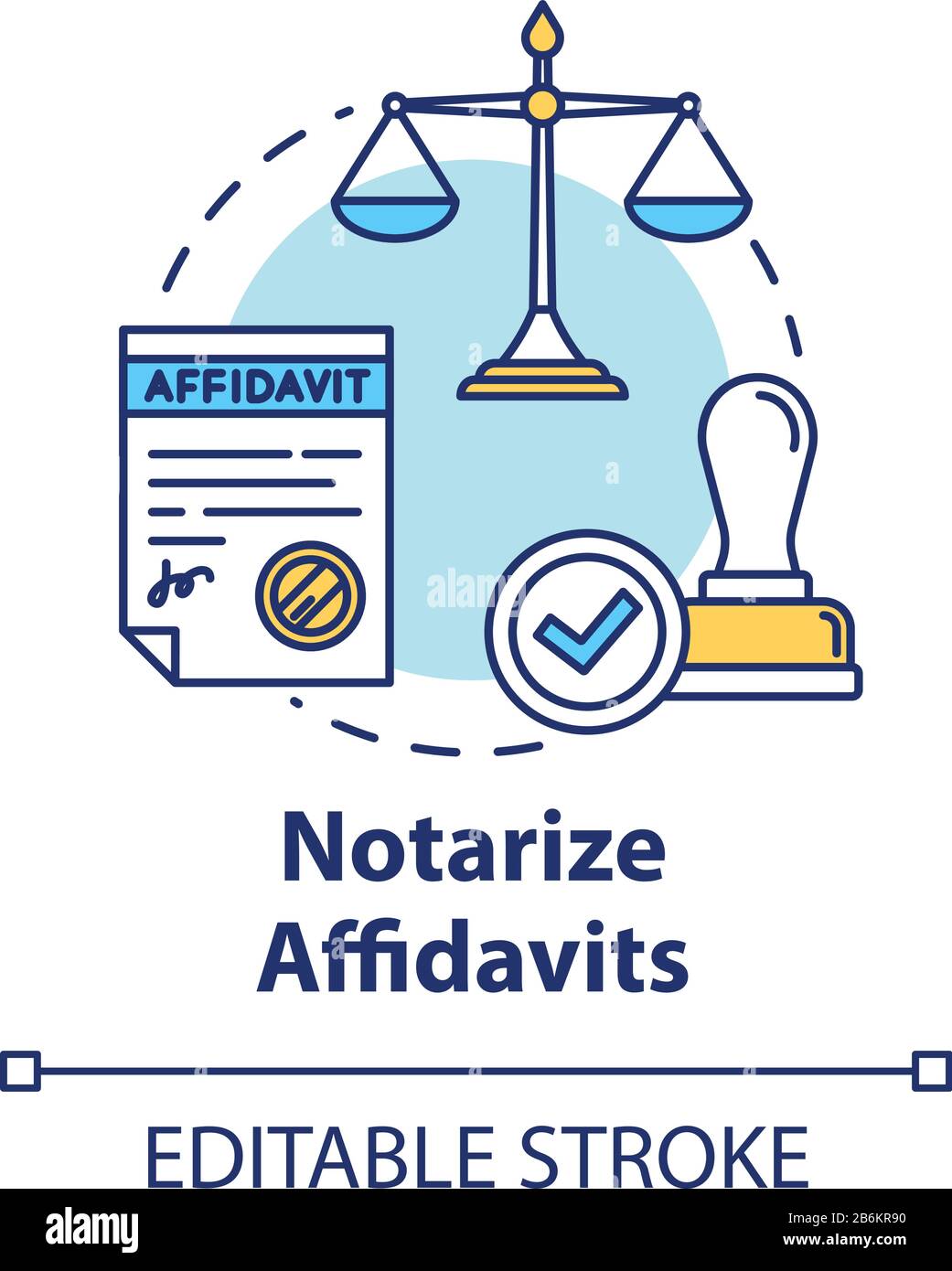 Notarize affidavits concept icona. Richiesta di proprietà. Verdetto della giuria. Processo di tribunale. Illustrazione della linea sottile dell'idea di servizio del notaio. Vettore isolato Illustrazione Vettoriale