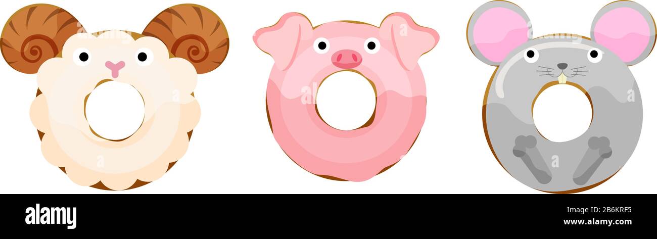 Animali cute pecora, maiale, ciambelle di topo set vettore illustrazione Illustrazione Vettoriale