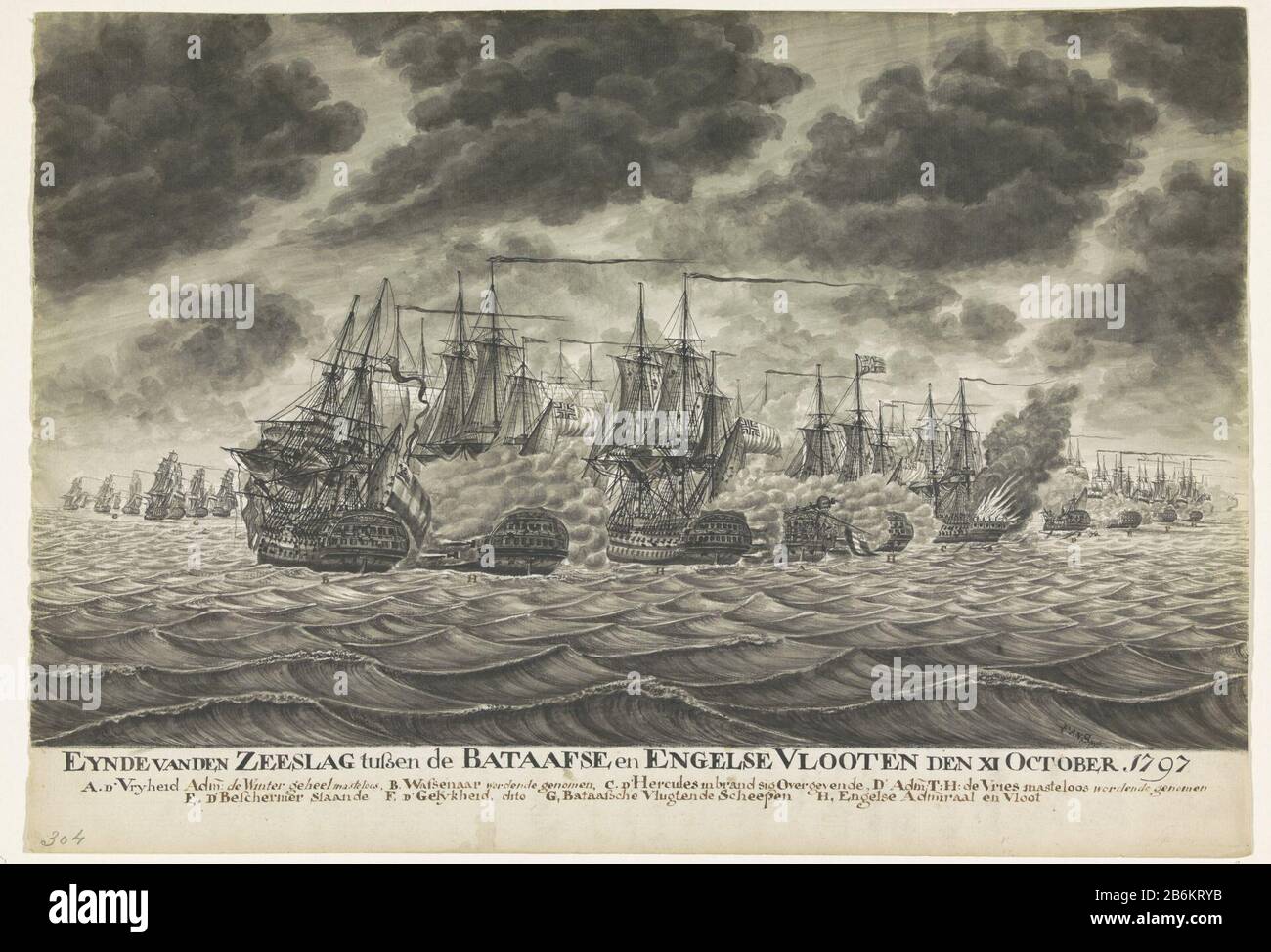 Fine della battaglia di Camperdown, 11 ottobre 1797 Eynde della battaglia tra gli inglesi e Batavian Vlooten l'XI ottobre 1797 (oggetto del titolo) la battaglia di Camperdown l'11 ottobre, 1797 tra la flotta Bataviana comandata dal vice ammiraglio Jan Willem de Winter e una flotta britannica sotto l'ammiraglio Adam Duncan. Fine della battaglia con la torre della libertà di carica tra navi inglesi, Ercole bruciante e lasciato in fuga navi Bataatse. Sotto pesante: Cielo nuvoloso. Nella legenda della didascalia A-H navi Bataviarie. Vedere il telecomando. Produttore : artista: Frans Anton Spijck (proprietà elencate) Fabbricazione A Partire Da: Netthe Foto Stock
