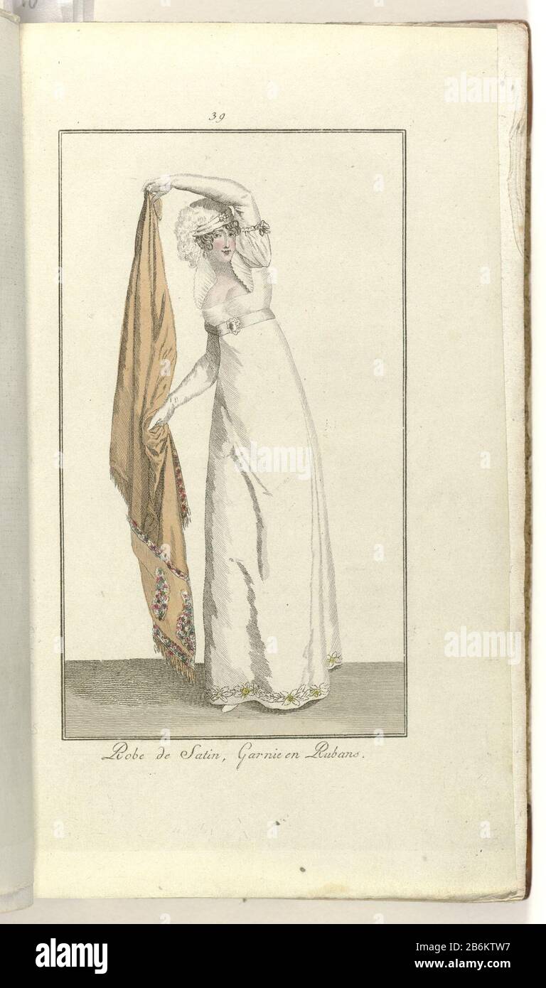 Elegantia o rivista di moda, lusso e gusto per le donne, marzo 1808, n. 39 Satin Robe, Garnier e Rubans Secondo il testo allegato (p. 96) Satin bianco Japon con colletto 'à la Medici' e maniche corte di puff. Quando un orlo bordo nastro con petali di fiore. 'Coeffure flat 'with an' esprit. Sciarpa in cashmere in giallo turco. Stampa la rivista di moda Elegantia o rivista di moda, lusso e gusto per le donne 1807-1814 (interrotto dal periodo 1811-1813) . Produttore : printmaker: Anonymous publisher Evert Maskamp Luogo produzione: Amsterdam Data: 1808 Caratteristiche Fisiche: IT Foto Stock