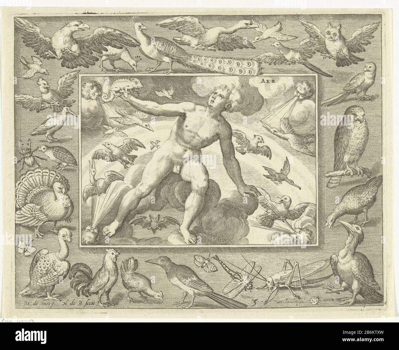 Elemento aria come un giovane uomo sulle nuvole tra Aer uccelli volanti (oggetto titolo), i quattro elementi (titolo serie) Elemento aria come un giovane uomo seduto sulle nuvole con camaleonte sulla sua mano da uccelli e pipistrelli volanti. Da quattro direzioni il vento soffia. In cornice con uccelli e gufo, pavone e tacchino e insetti come cavallette e libelle. Produttore : printmaker: Nicolaes de Bruyn (listed property) Designed by: Marten de Vos (listed property) Luogo di produzione: Paesi Bassi Data: 1581 - 1656 caratteristiche Fisiche : materiale per auto: Carta Tecnica: Engra (printing process) dimensioni: Bordo della lastra: H 17 Foto Stock