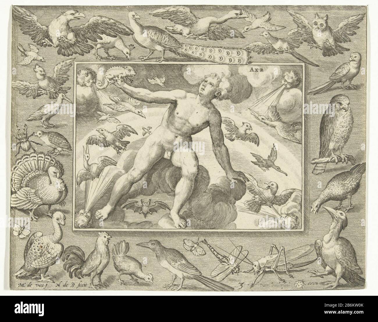 Elemento aria come un giovane uomo sulle nuvole tra Aer uccelli volanti (oggetto titolo), i quattro elementi (titolo serie) Elemento aria come un giovane uomo seduto sulle nuvole con camaleonte sulla sua mano da uccelli e pipistrelli volanti. Da quattro direzioni il vento soffia. In cornice con uccelli e gufo, pavone e tacchino e insetti come cavallette e libelle. Produttore : printmaker: Nicolaes de Bruyn (listed property) Designed by: Marten de Vos (listed property) Luogo di produzione: Paesi Bassi Data: 1581 - 1656 caratteristiche Fisiche : engra materiale: Carta Tecnica: Engra (printing process) Misure: Foglio: H 169 Foto Stock Elemento aria come un giovane uomo sulle nuvole tra Aer uccelli volanti (oggetto titolo), i quattro elementi (titolo serie) Elemento aria come un giovane uomo seduto sulle nuvole con camaleonte sulla sua mano da uccelli e pipistrelli volanti. Da quattro direzioni il vento soffia. In cornice con uccelli e gufo, pavone e tacchino e insetti come cavallette e libelle. Produttore : printmaker: Nicolaes de Bruyn (listed property) Designed by: Marten de Vos (listed property) Luogo di produzione: Paesi Bassi Data: 1581 - 1656 caratteristiche Fisiche : engra materiale: Carta Tecnica: Engra (printing process) Misure: Foglio: H 169 Foto Stock