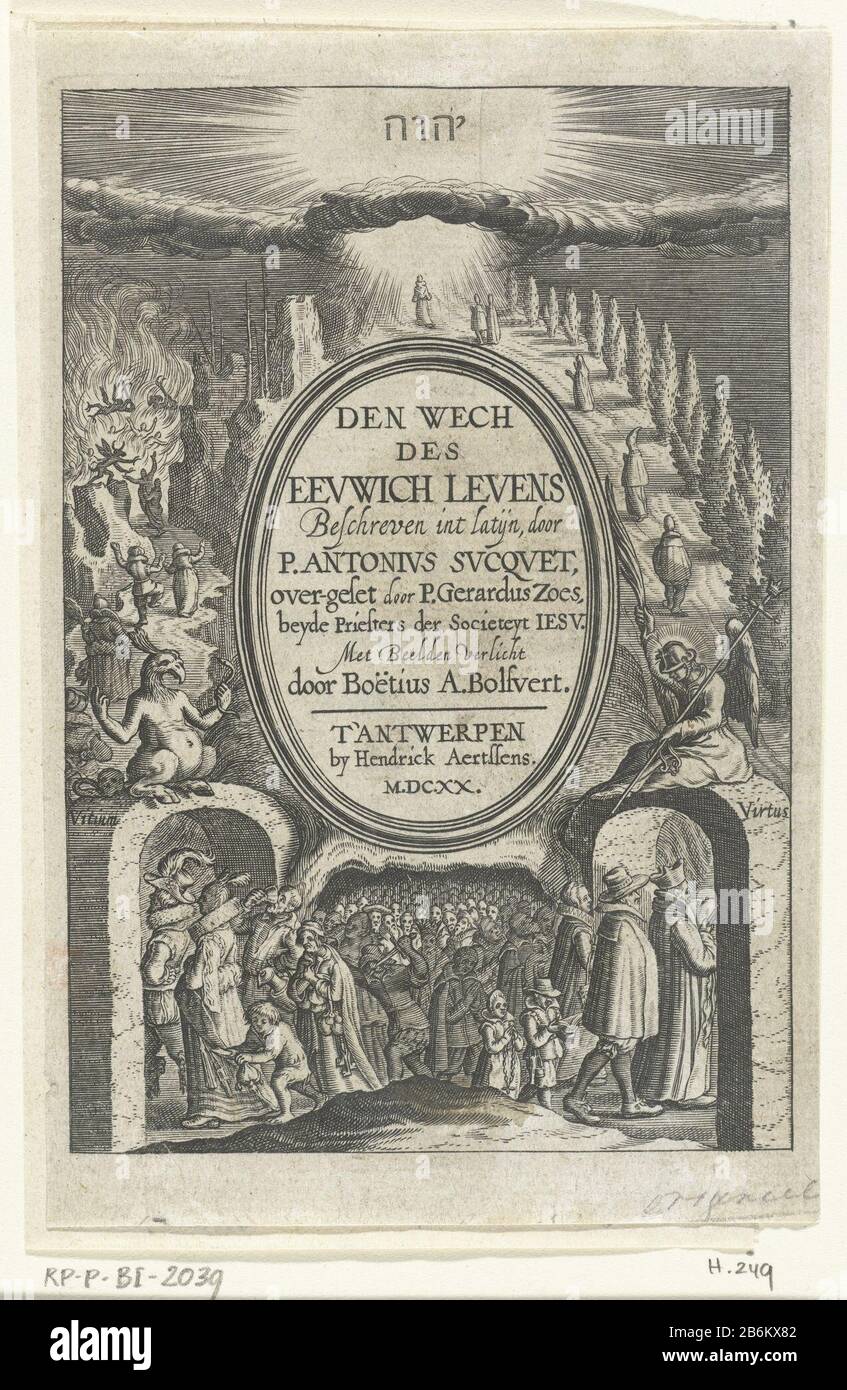 Embleem met de weg naar het eeuwig leven de weg naar de hel voor de goddelozen Den wech des eeuwich levens (serietitel op Object) Logo sulla strada verso la vita eterna per i giusti e la strada verso l'inferno per goddelozenDen wech di eeuwich vita (Oggetto titolo serie) Tipo Di Proprietà: Stampa pagine titolo numero Oggetto: RP-P-BI 2039Catalogusreferentie: Hollstein Dutch 249 Iscrizioni / marchi: Collector's mark, reverse bottom center, timbrato: Lugt 2228 Produttore : printmaker: Boëtius Adamsz. Bolswertnaar proprio design: Boëtius Adamsz. Bolswertuitgever Hendrik Aertssens Place Manu Foto Stock