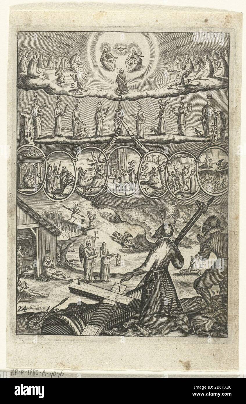 Embleem ha incontrato geestelijke en man die to God en de heiligen invitati ha incontrato hun verzoek om in deugd te mogen leven Den wech des eeuwich levens (seriettel) un inginocchiarsi spirituale in preghiera con l'Arma Christi Cristo, un uomo accanto a lui inginocchiato anche la preghiera e calpestato il diavolo. Si rivolgono a Dio che siede nel cielo e i santi possono fare la voce. Sette scudi sono le virtù che la meditazione mostra prescrive e che cosa l'uomo deve perseguire durante la sua vita: Fede, speranza, amore, giustizia, temperanza, forza e voorzichtigheid. Produttore : stampare da: Boëtius Adamsz. Bolswertprentmaker: Editore anonimo: Foto Stock