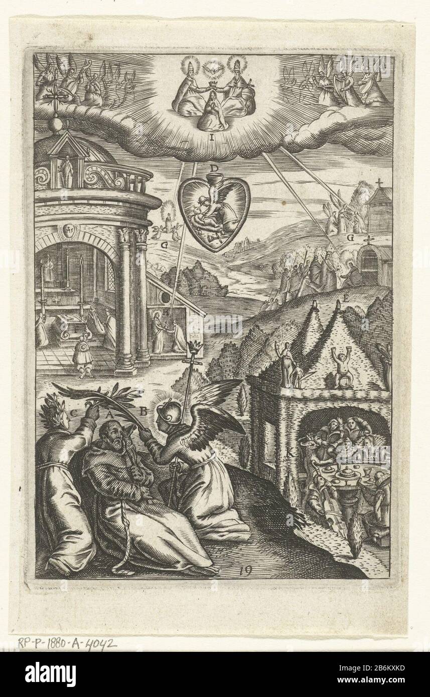 Emblem met verering van Heilige Franciscus van Assisi muore a deugd leefde Den wech des eeuwich levens (seriettel) San Francesco d'Assisi è abbellito da rami di palma. L'uomo deve seguire il suo esempio e la sua virtù nella vita per avere pace nel cuore e per essere onorato, dice le istruzioni di meditazione in uitdave. Produttore : stampare da: Boëtius Adamsz. Bolswertprentmaker: Anonymous publisher: Henry Aertssens Place manufacture: Antwerp Date: 1620 - 1623 and / or 1623 Physical features: Car material: Paper Technique: Engra (printing process) Dimensions: Plate edge: H 136 mm × W 94 mmToelichtingPren Foto Stock