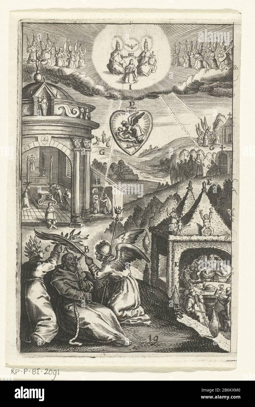 Emblem met verering van Heilige Franciscus van Assisi muore a deugd leefde Den wech des eeuwich levens (seriettel) San Francesco d'Assisi è abbellito da rami di palma. L'uomo deve seguire il suo esempio e la sua virtù nella vita per conoscere la pace nel cuore e per onorare. Produttore : stampare da: Boëtius Adamsz. Bolswertprentmaker: Anonymous publisher: Henry Aertssens Place manufacture: Antwerp Date: 1620 - 1649 and / or 1649 Physical features: Car material: Paper Technique: Engra (printing process) Dimensions: Foglio: H 149 mm × W 99 mmToelichtingPrent di Antoine Sucquet, il wech di eeuwich li Foto Stock