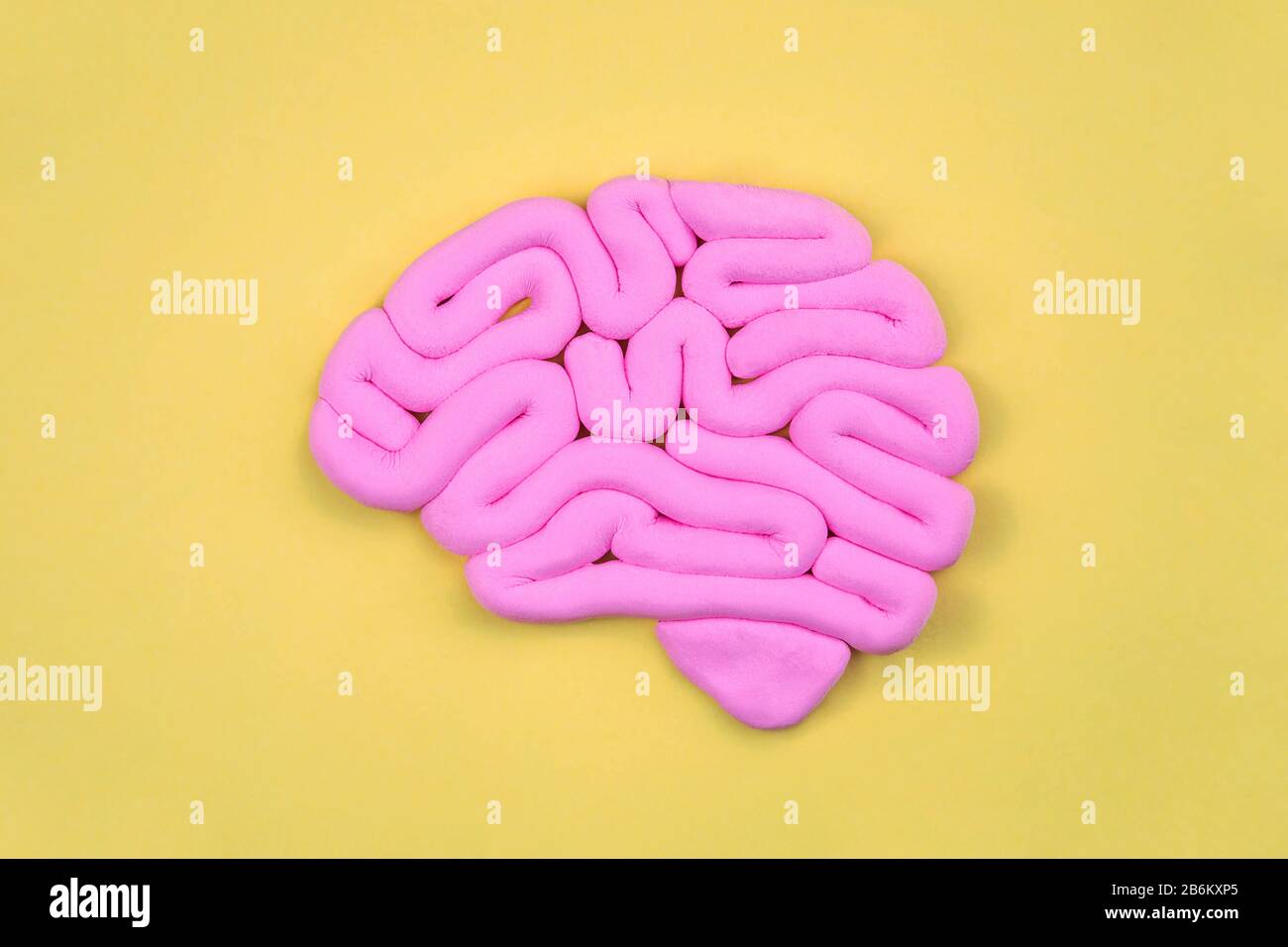 Modello di cervello umano rosa su sfondo giallo. Vista del profilo, disposizione piatta. Concetto di intelligenza. Foto Stock