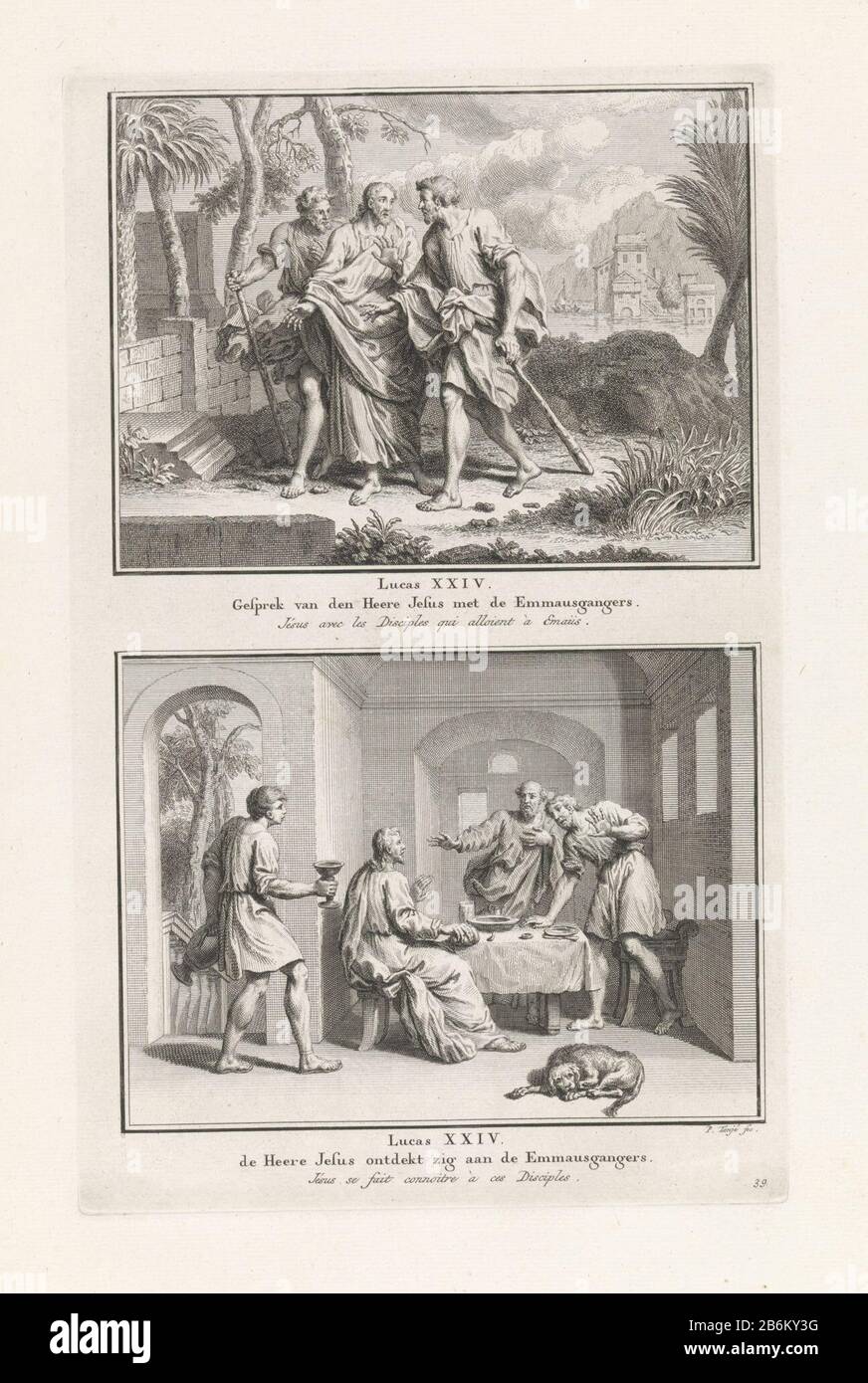 Due storie bibliche. Sopra: Camminare in un paesaggio e Cristo parla a Emmaus. Sotto: Due discepoli riconoscono Cristo nella cena di Emmaus mentre rompe il pane. Tra le rappresentazioni, un riferimento ai testi biblici e ai titoli in olandese e francese. Produttore : stampatore Pieter Tanjé (proprietà in elenco) Luogo di produzione: Amsterdam Data: 1716-1761 e / o 1791 caratteristiche Fisiche: Incisione ed engra materiale: Carta Tecnica: Incisione / engra (processo di stampa) Misure: Bordo della lastra: H 317 mm × W 197 mmToelichtingPrent possibilmente usato in: Hamelsveld, Yslbrand di. La pesatrice più prudente hi Foto Stock