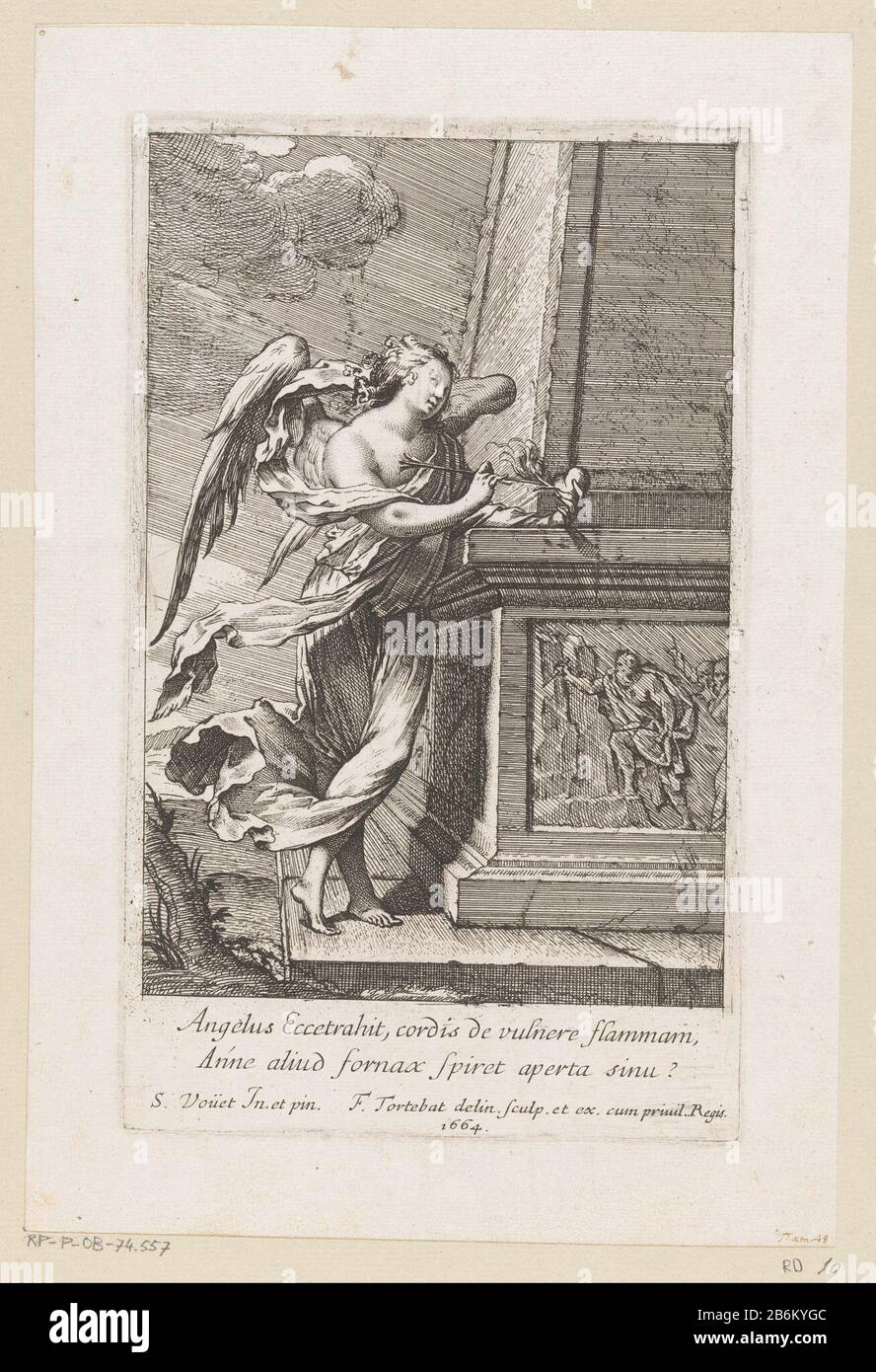 Engel leunend tegen het onderstel van obelisk met een pijl en een hart in zijn Hand Angel appoggiato alla base dell'obelisco con un arco e un cuore nella sua mano tipo di oggetto: Immagine numero articolo: RP-P-OB-74.557Catalogusreferentie: Robert-Dumesnil 10LeBlanc 10 Iscrizioni / marchi: Marchio del collettore, vero, stampato: Lugt 240opschrift, recto, scritto a mano: 'T: Aeta.78' fabbricante : printmaker François Tortebat (proprietà in elenco) a disegno: François Tortebat (edificio in elenco) per la pittura di Simon Vouet (edificio in elenco) editore: François Tortebat (indicato sull'oggetto) Fabbricazione Di Posti: Print mak Foto Stock