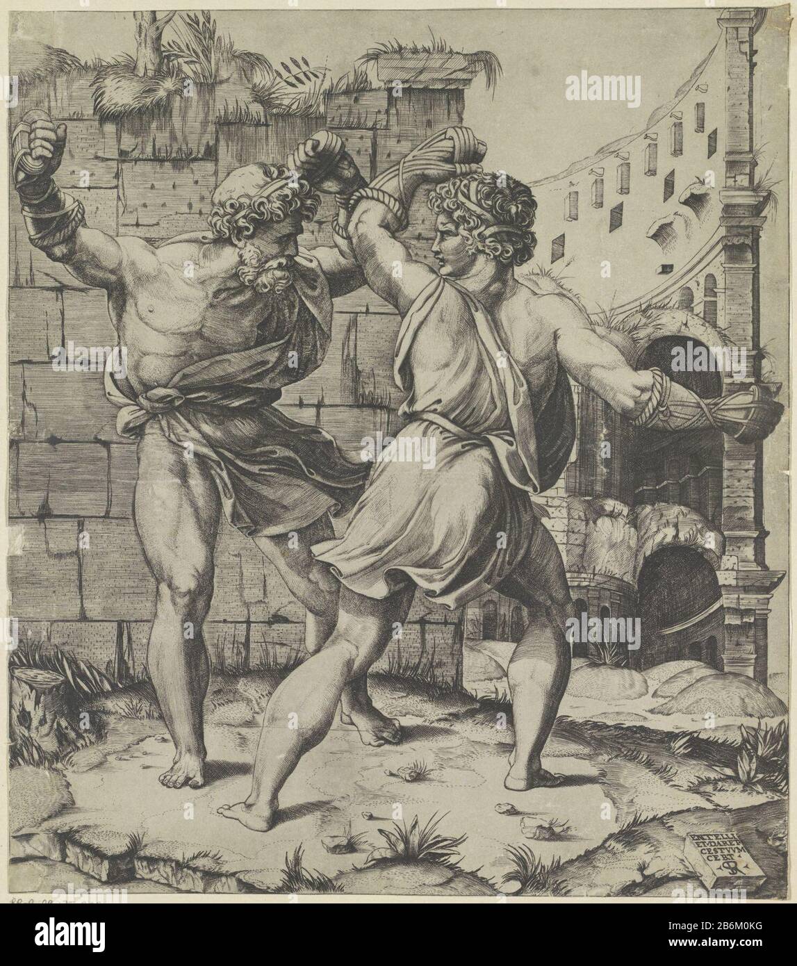 Entellus en Osa la partita di boxe tra Entellus e Dares. Sullo sfondo antico ruïnes. Produttore : stampatore: Marco dente (proprietà in elenco) Designed by: Rafael Place manufacturing: Italy Data: 1498 - 1532 caratteristiche Fisiche: Car Material: Paper Technique: Engra (processo di stampa) dimensioni: Foglio: H 305 mm (Bordo interno della piastra . taglio) b × 270 mm (taglio interno del bordo della piastra) Oggetto: The Boxing contest: Dares e Entellus Foto Stock