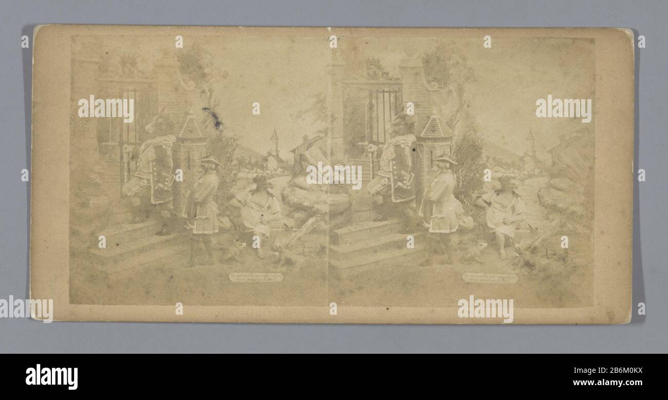 Enscenering van poppen in een decor, voorstellend drie verklede dierenfiguren bij de poort van een kasteel la stadiazione è un testo che è difficile da leggere ma è circa una rana. Produttore: Fotografo: Anonymous place manufacture: Europe Date: CA. 1850 - ca. 1880 caratteristiche Fisiche: Albume materiali di stampa: Carta di cartone Tecnica: Albume dimensioni di stampa: Supporto secondario: H 85mm × W 170 mm Oggetto: Favola dove Europa Foto Stock