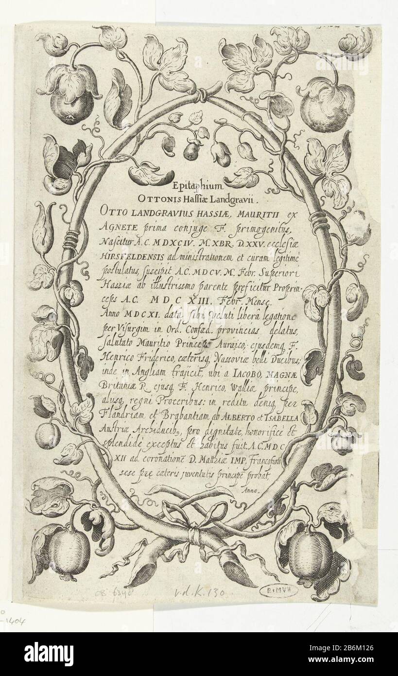 Epitaaf Epitachium Ottonis Hassiae Landgravii (titel op object) Monumentum Sepulcrale, ad Illustrissimi Celsisimique Principis ac Domin (seriettel) EpitaafEpitahium Ottonis Hassiae Landgravii (title object) Monumentum sepulchral, OB ​​ad Illissimi-object: (Foto-P): Numero di foto: (Foto-foto-P) (foto: No. ORN Cat II 1404 fabbricante : progettare: Michael le Blon (edificio elencato) stampatore: Editore anonimo John Ammo Luogo produzione: Francoforte Data: 1628 Materiale: Carta Tecnica: Engra (processo di stampa Foto Stock