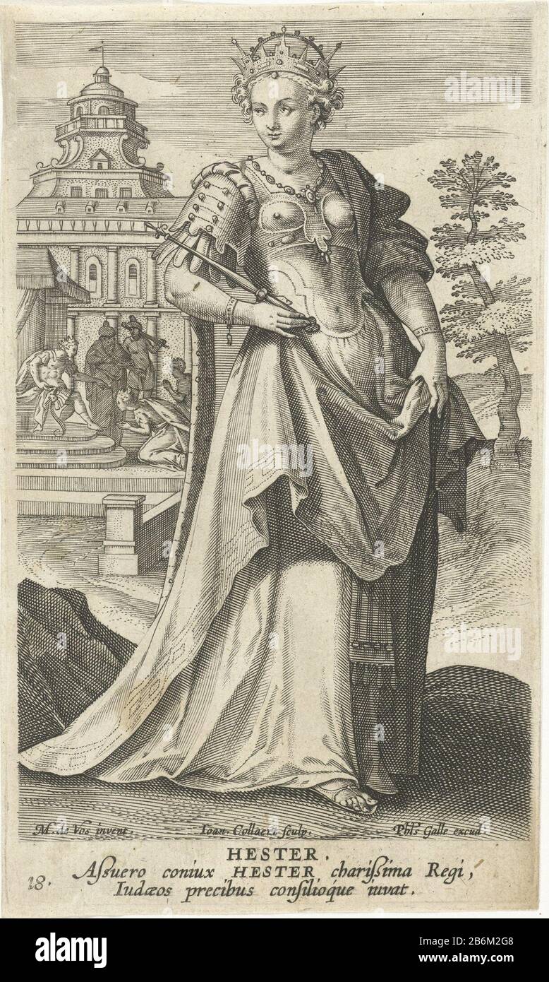 Ester Hester (titel op Object) Beroemde vrouwen uit het Oude Testament (seriettel) Icones Illvstrivm Feminarvm Veteris Testamenti (seriettel) In primo piano Estere in abiti reali. Sullo sfondo si inginocchia davanti al marito, re Assuero. Lo implora di risparmiare il popolo ebraico. La stampa ha una didascalia latina ed è parte di una serie di immagini con famose donne dell'Antico Testamento. Produttore : printmaker Jan Collaert (II) (listed building), Designed by: Marten de Vos (listed building) Editore: Philips Galle (listed on object) autore: Cornelis KiliaanPlats fabbricante: Antwe Foto Stock