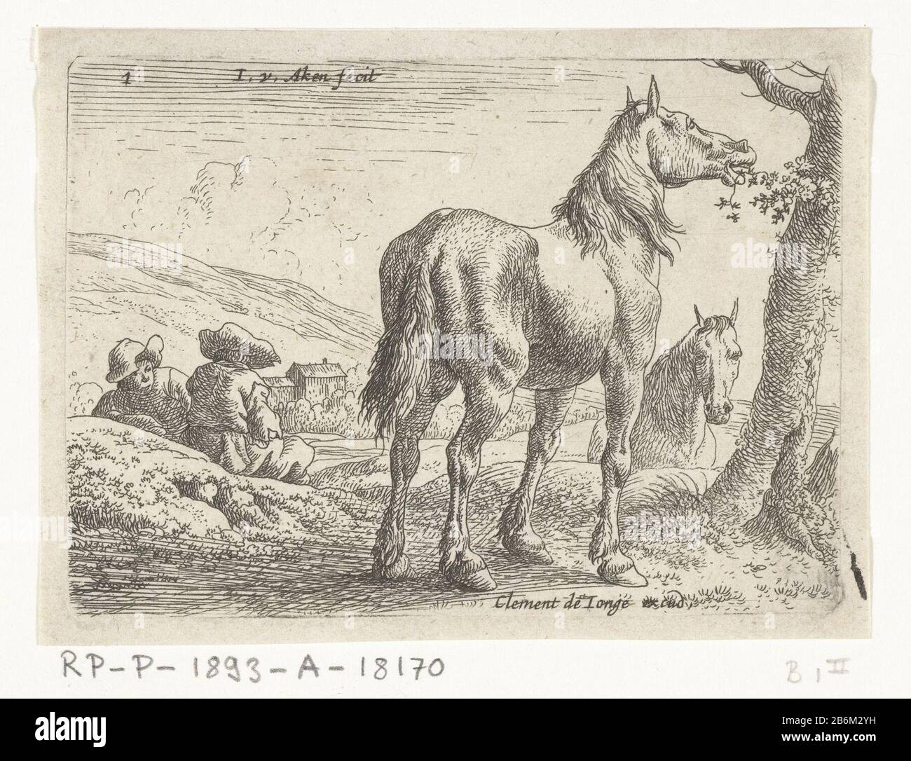 Etend paard Landschappen ha incontrato paarden (seriettel) Paesaggio con foglie di cavallo di un albero mangiare. Ci sono due uomini sul pavimento, proprio dietro la testa di un secondo cavallo zien. Produttore : stampatore Jan van Aken (edificio elencato) Editore: Clement de Jonghe (proprietà quotata) Luogo di produzione: Amsterdam Data: 1624-1661 e / o 1640 - 1670 caratteristiche Fisiche: Materiale di incisione: Tecnica della carta: Dimensioni di incisione: Bordo della piastra: H 71 mm × 98 mmToelichtingB b. 1-6 Soggetto: Cavallo Foto Stock