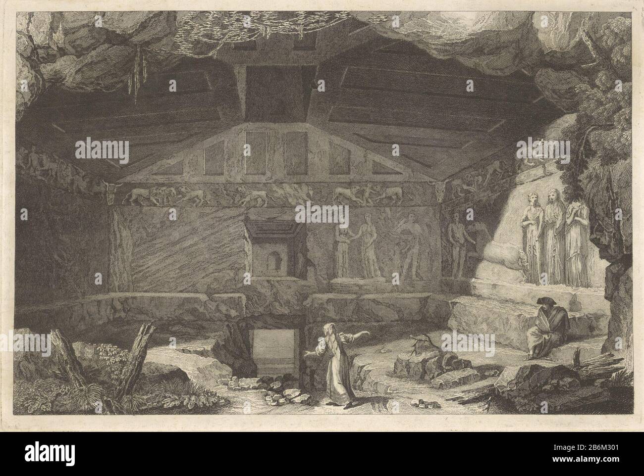 Tomba etrusca Tomba della Mercateccia nella necropoli di Tarquinia Monterozzi. La destra è un uomo vestito in un capo; in primo piano indica una donna all'ingresso di una ruimte più profonda. Produttore : printmaker Christopher Norton al disegno: Franciszek Smuglewiczopdrachtgever James ByresPlats fabbricante: Printmaker: Inghilterra al disegno: Italia cliente: Inghilterra Data: CA. 1762 - ca. 1770 caratteristiche Fisiche: Engra; materiale di prova: Carta Tecnica: Engra (processo di stampa) dimensioni: H 317 mm × W 475 mmToelichtingIn 1761 visitato l'architetto e archeologo scozzese James Byres newfound Etru Foto Stock