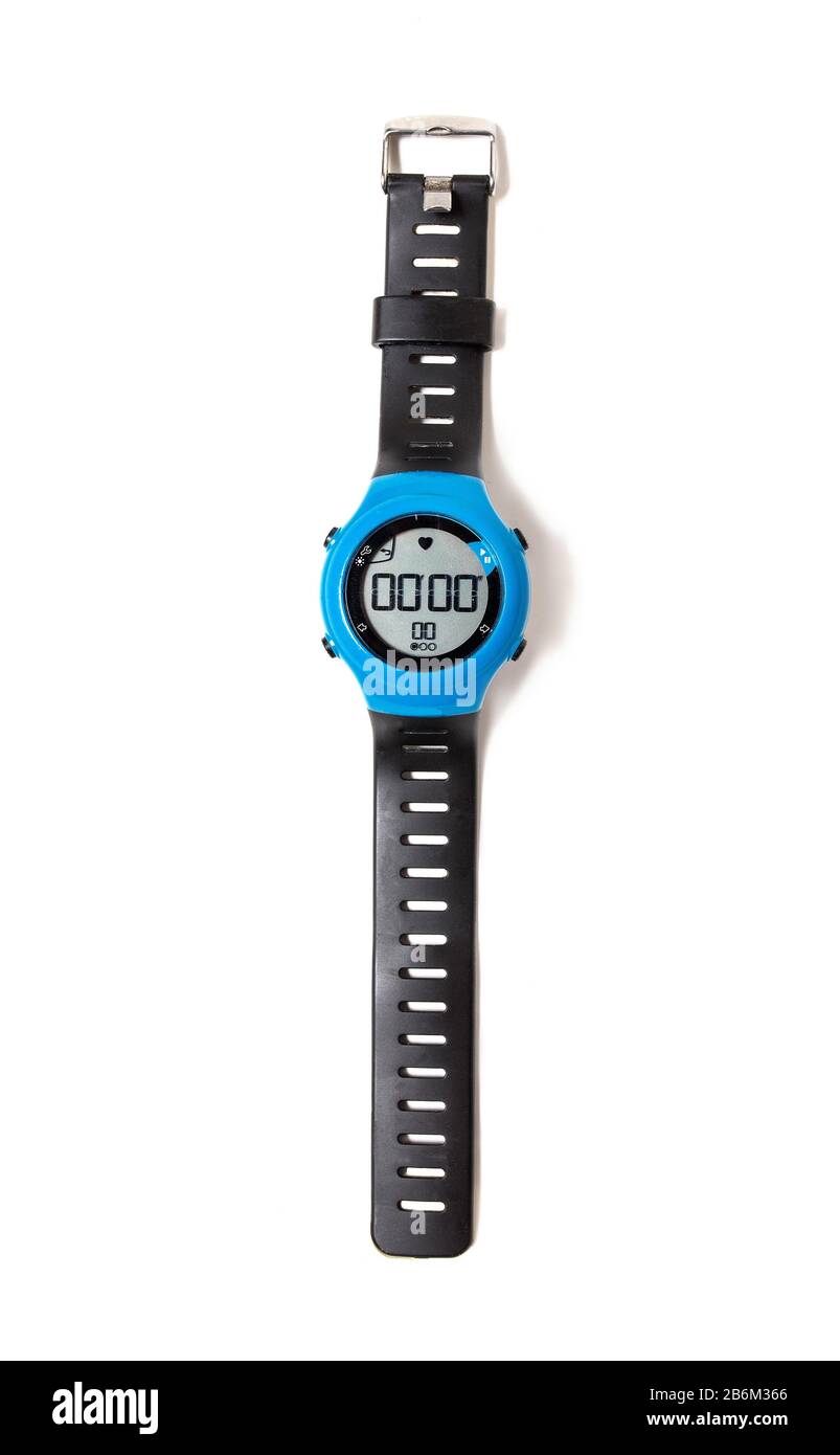 orologio sportivo intelligente con la funzione del cardiofrequenza isolato su bianco Foto Stock