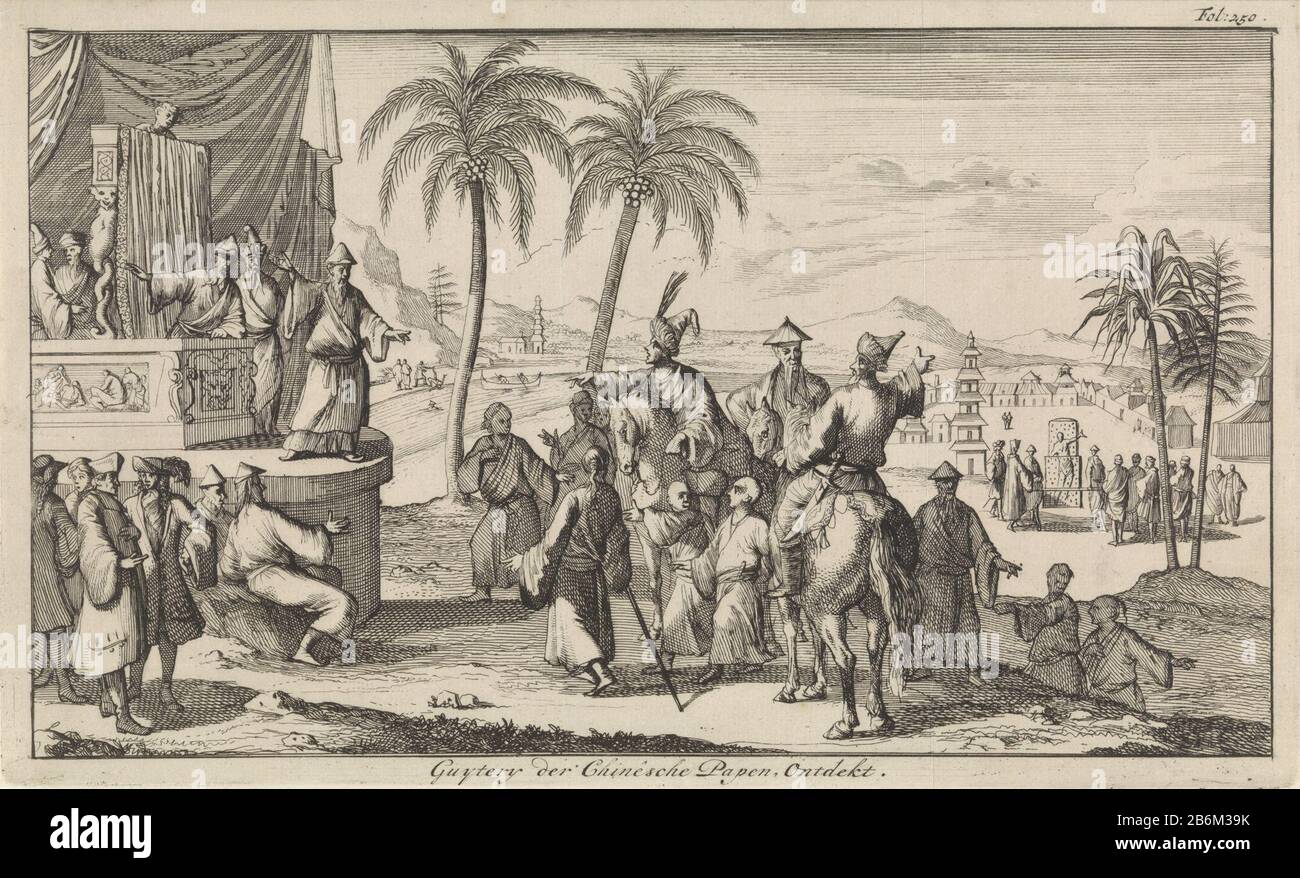 Europeanen en Chinezen voor een toneel in de openlucht Guytery der Chinesche Papen, Ontdekt (titel op Object) stampa destra etichettato: Fol: 250. Produttore : stampatore: Caspar Luyken Editore: Engelbrecht BoucquetPlats fabbricante: Stampatore: Amsterdam Editore: L'Aia Data: 1698 caratteristiche Fisiche: Acquaforte materiale: Tecnica della carta: Acquaforte dimensioni: Foglio: H 173 mm b × 286 mmToelichIlltingustratie out: Le Comte Louis. Beschsegale il possente keyseryk Cina, 2 parti. L'Aia: Engelbrecht Boucquet, 1698. Oggetto: ChineseEuropeansset, scenario  scenografia nella zona tropicale, esotico l Foto Stock
