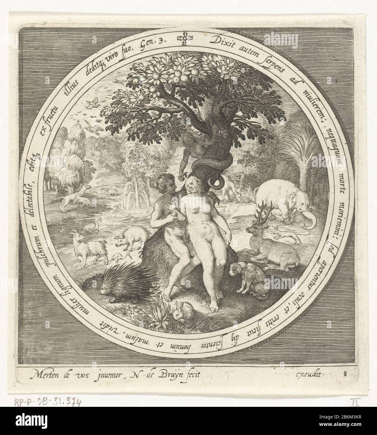 EVA wordt misleid porta de slang bij de boom van goed en kwaad Van schepping tot verdrijving uit paradijs (serietitel) Eva è ingannata dal serpente nell'albero del bene e del male. Mangiano la mela proibita e Adam offre un frutto. In medaglione diretto un testo biblico in latino da Genesi 3 all'interno di omlijsting rettangolare. Produttore : stampatore: Nicolaes de Bruyn (indicato sull'oggetto) ad un disegno di: Marten de Vos (indicato sull'oggetto) Luogo fabbricazione: Paesi Bassi Data: 1581 - 1656 caratteristiche Fisiche : engra e punto engra materiale: Carta Tecnica: Engra (processo di stampa) / dotte Foto Stock