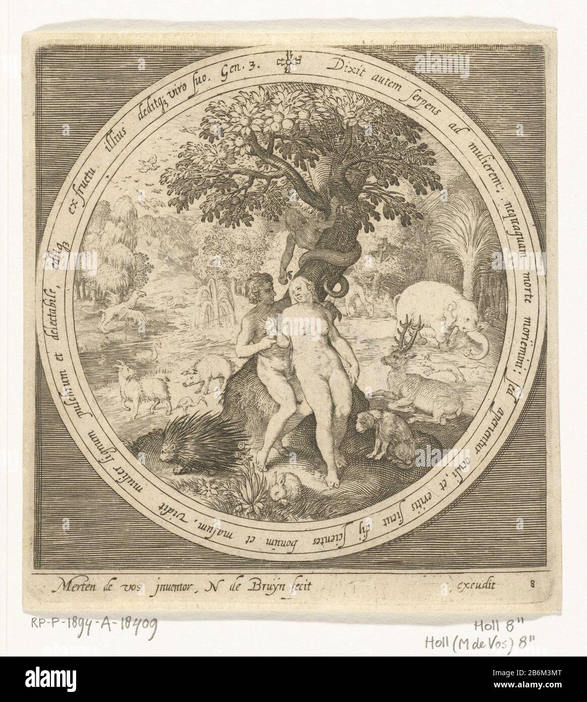 EVA wordt misleid porta de slang bij boom der kennis van goed en kwaad Van schepping tot verdrijving uit paradijs (serietitel) Eve è ingannato dal serpente nell'albero della conoscenza del bene e del male. Mangiano la mela proibita e Adam offre un frutto. In medaglione diretto un testo biblico in latino da Genesi 3 all'interno di omlijsting rettangolare. Produttore : stampatore: Nicolaes de Bruyn (indicato sull'oggetto) da stampare da: Marten de Vos (indicato sull'oggetto) Luogo fabbricazione: Paesi Bassi Data: 1581 - 1656 caratteristiche Fisiche: Engra e punto engra tecnica: Punto engra dimensioni: Bordo della piastra: H 136 Foto Stock