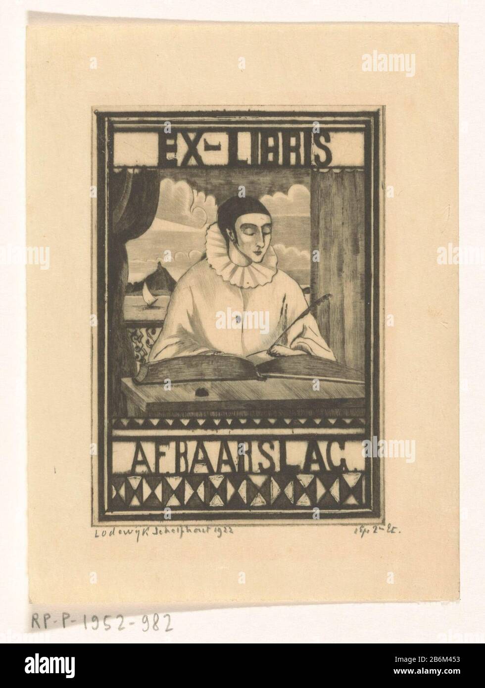 Ex libris van AF Baargslag un pierrot scrive con una piuma in un libro. Sullo sfondo una baia con zeilschip. Produttore : stampatore Lodewijk Schelfhout (personalmente firmato) stampante: NV Roeloffzen & Hübner datazione: 1922 caratteristiche Fisiche: DRYPOINT su rame materiale: Carta Tecnica: DRYPOINT dimensioni: Bordo piatto: H 100 mm × W 70 mm Oggetto: Tipi in 'commedia dell'arte' Pierrot Scrivere lettere e. Foto Stock