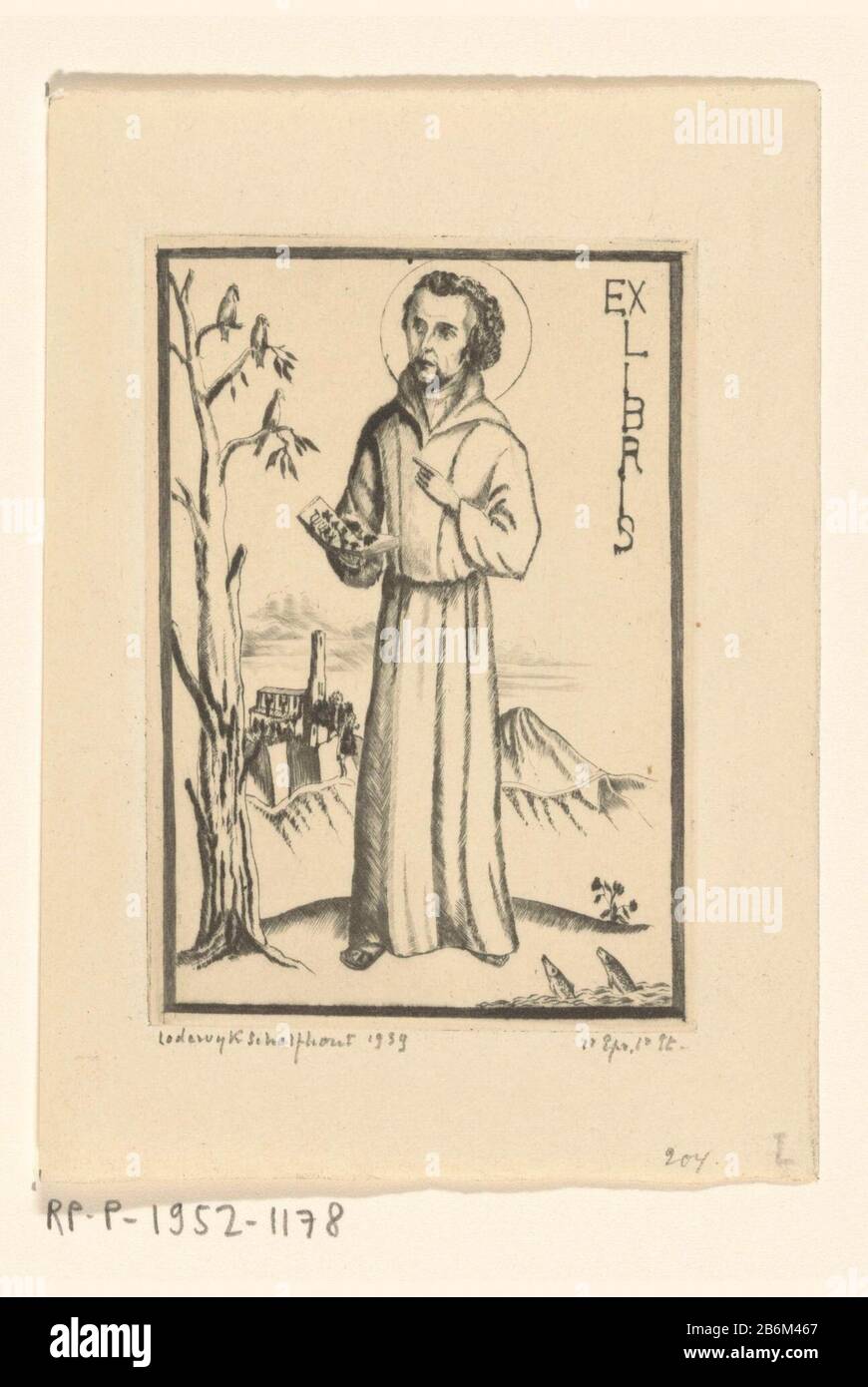 Ex libris van B Kruyt Francesco d'Assisi predica a tre uccelli in un albero. Due pesci che ascoltano dal dito del piede d'acqua. Produttore : stampatore Lodewijk Schelfhout (personalmente firmato) stampante: NV Roeloffzen & Hübner datazione: 1939 caratteristiche Fisiche: DRYPOINT su rame materiale: Carta Tecnica: DRYPOINT dimensioni: Bordo piatto: H 100 mm × W 70 mm Soggetto St. Francesco d'Assisi predica ai pesci uccelli Foto Stock