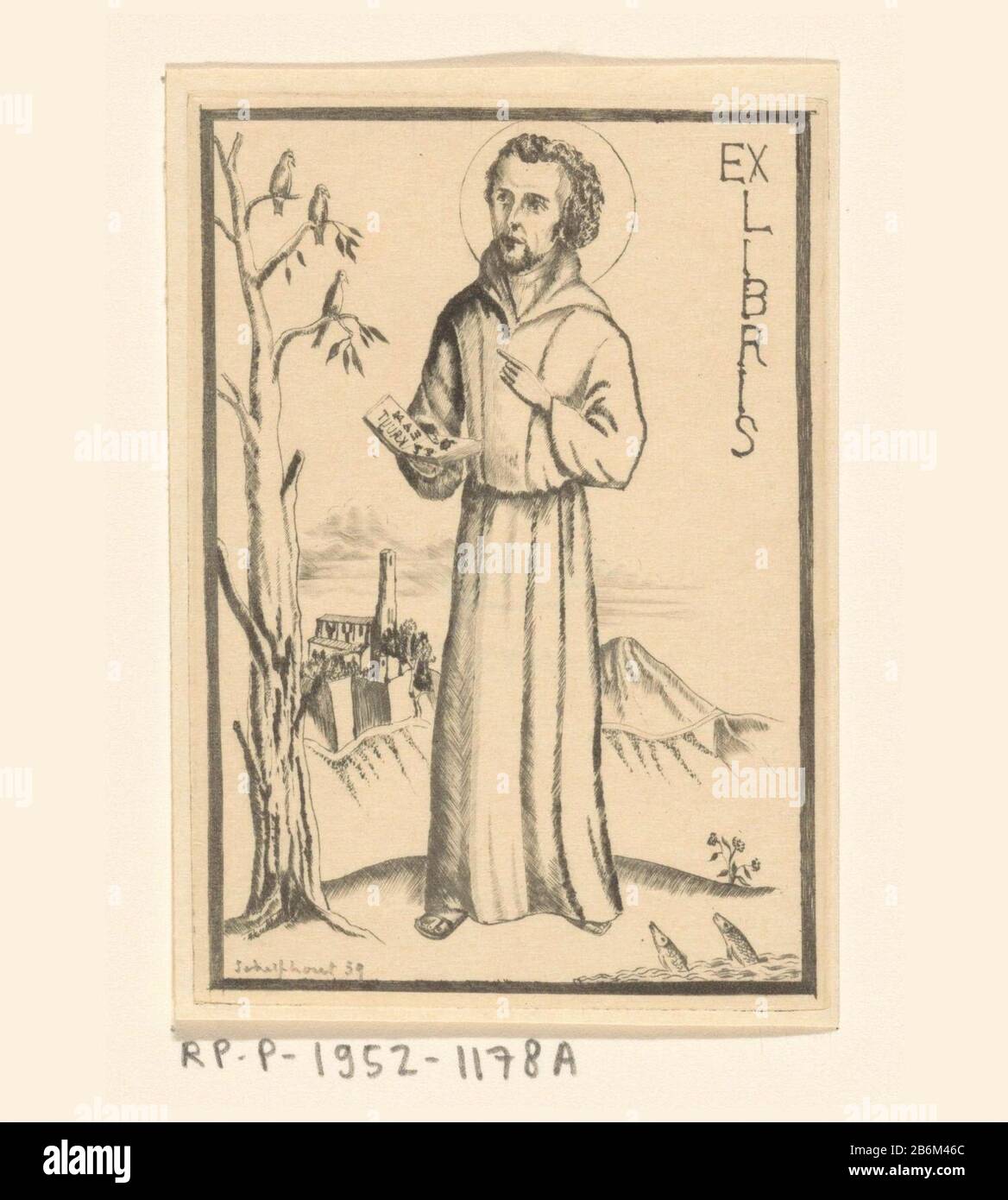Ex libris van B Kruyt Francesco d'Assisi predica a tre uccelli in un albero. Due pesci che ascoltano dal dito del piede d'acqua. Produttore : stampatore Lodewijk Schelfhout (personalmente firmato) stampante: NV Roeloffzen & Hübner datazione: 1939 caratteristiche Fisiche: DRYPOINT su rame materiale: Carta Tecnica: DRYPOINT dimensioni: Bordo piatto: H 100 mm × W 70 mm Soggetto St. Francesco d'Assisi predica ai pesci uccelli Foto Stock