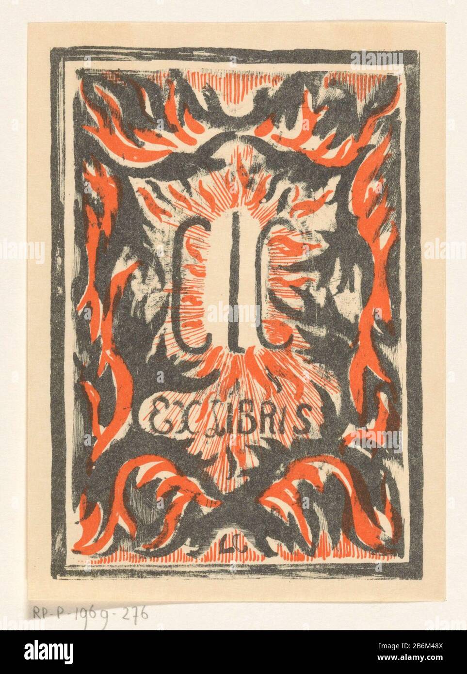 Ex libris van Carel Lion Cachet monogramma CLC circondato da vlammen. Produttore : tipografo: CAREL Adolph Lion Cachet (indicato sull'oggetto) Data: 1932 caratteristiche Fisiche: Litografia in materiale nero e rosso: Tecnica della carta: Litografia (tecnica) dimensioni: Foglio: H 143 mm × W 103 mm Oggetto: LameWie: CAREL Lion Cachet Foto Stock