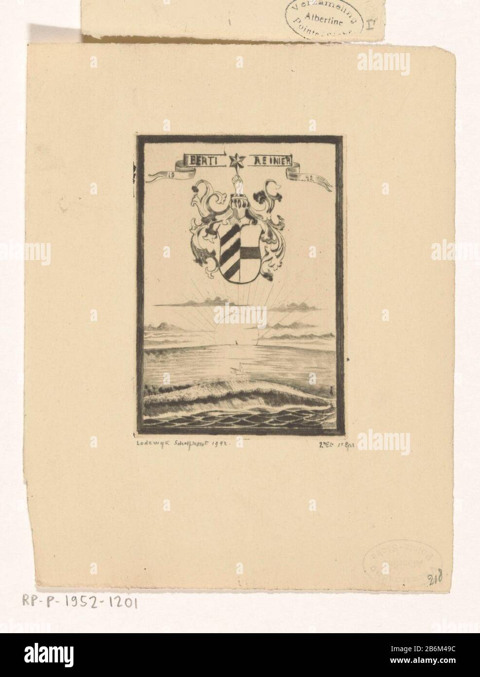 Ex libris van Berti en Reinier il sole che tramonta sul mare. Sopra un wapenschild. Produttore : stampatore Lodewijk Schelfhout (personalmente firmato) stampante: NV Roeloffzen & Hübner datazione: 1942 caratteristiche Fisiche: DRYPOINT su rame materiale: Carta Tecnica: DRYPOINT dimensioni: Bordo piatto: H 98 mm × W 69 mm Oggetto: Supporto solare, eraldry Foto Stock