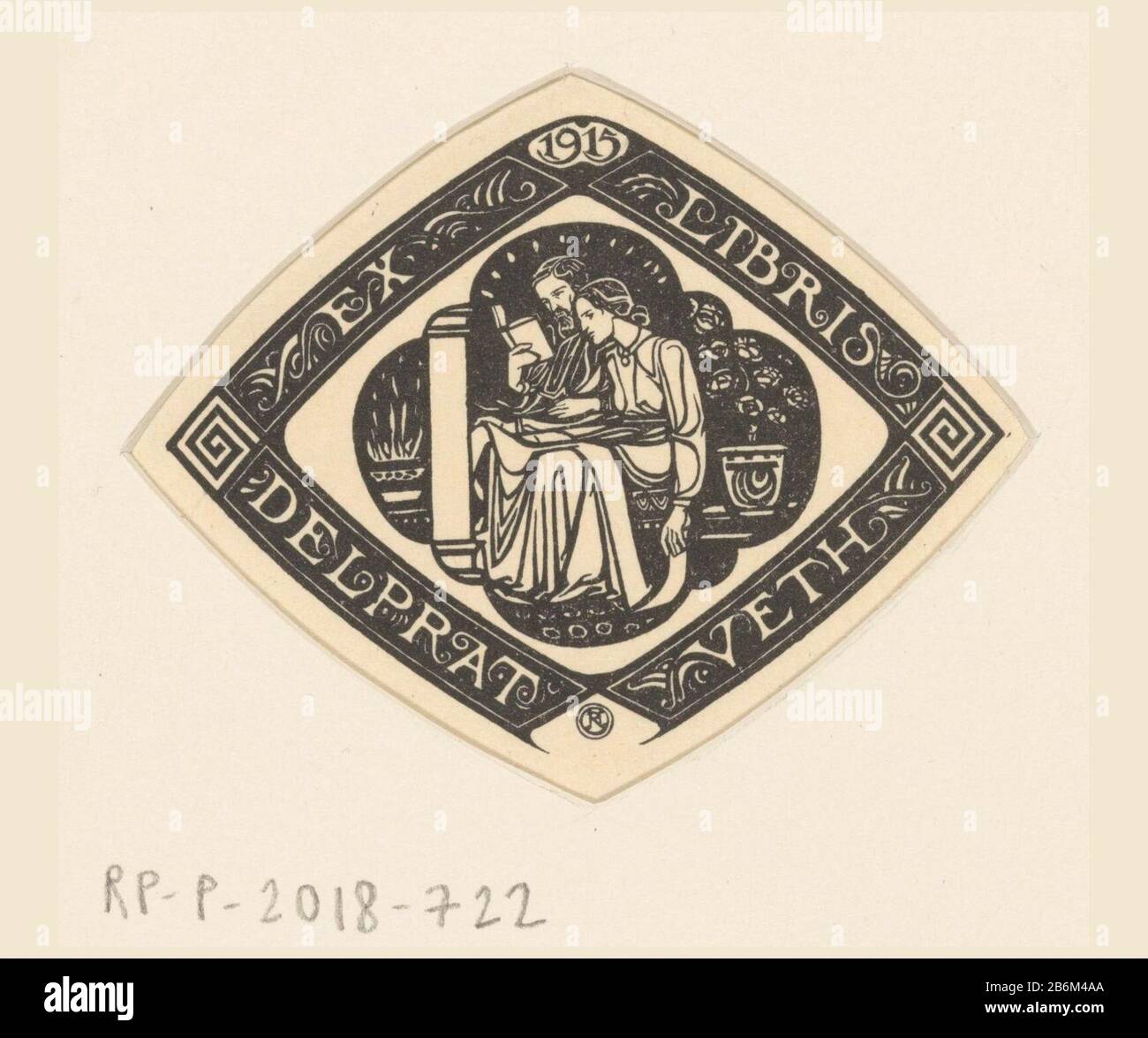 Ex libris van Delprat-Veth un uomo di lettura e una donna in giardino con rose e zuil. Produttore : stampatore Richard Nicolaus Roland Holst (edificio elencato) Datato: 1915 Materiale: Carta Tecnica: Lijncliché dimensioni: Foglio: H 75 mm × W 95 mm Oggetto: Libro lettura coppia di loversWie Daniel Apollonio Delpratkia Delprat-Veth Foto Stock