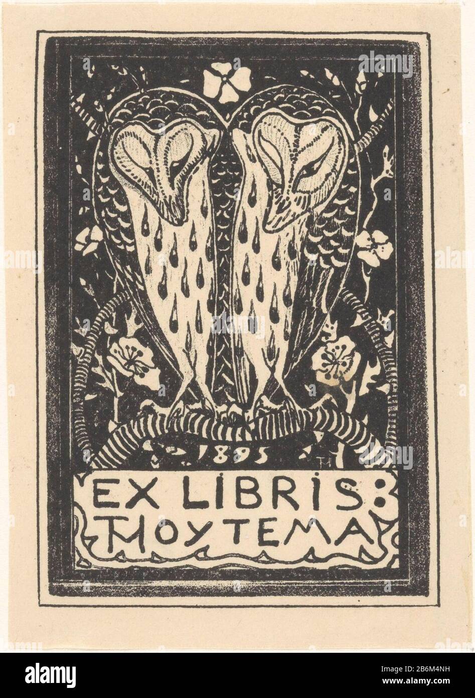 Ex libris van Theo van Hoytema Due gufi su un tak. Produttore : tipografo Theo of Hoytema (elencato sull'oggetto) Data: Circa 1895 Materiale: Carta tecnica: Litografia (tecnica) dimensioni: Foglio: H 113 mm × W 82 mm Oggetto: OwlsWie Theo van Hoytema Foto Stock