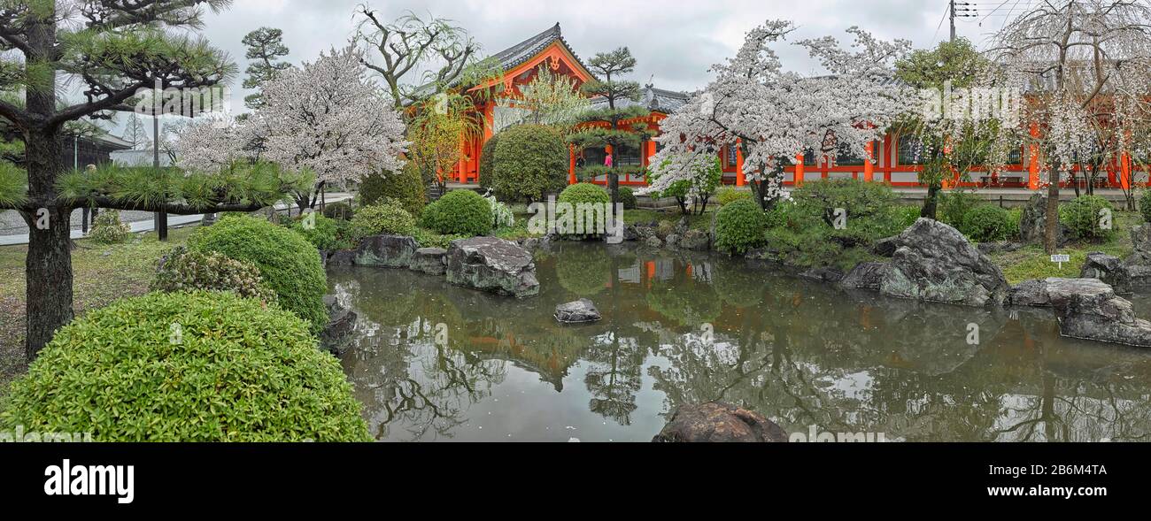 Riflessione di alberi in stagno al tempio di Sanjusangen-do, distretto di Higashiyama, Kyoto, Prefettura di Kyoto, Giappone Foto Stock